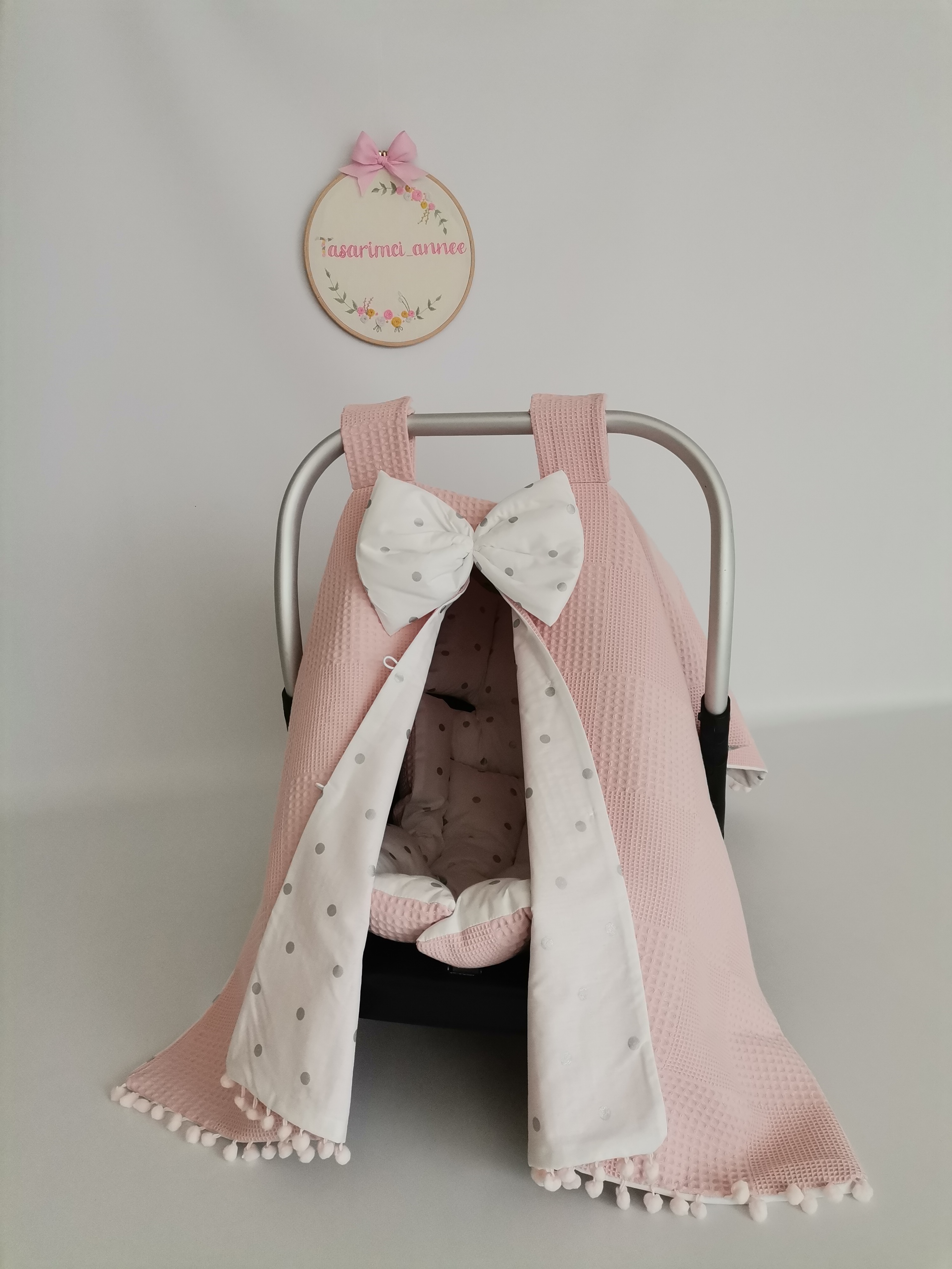 Puset örtüsü pudra pembe waffle pike - gümüş puantiyeli poplin