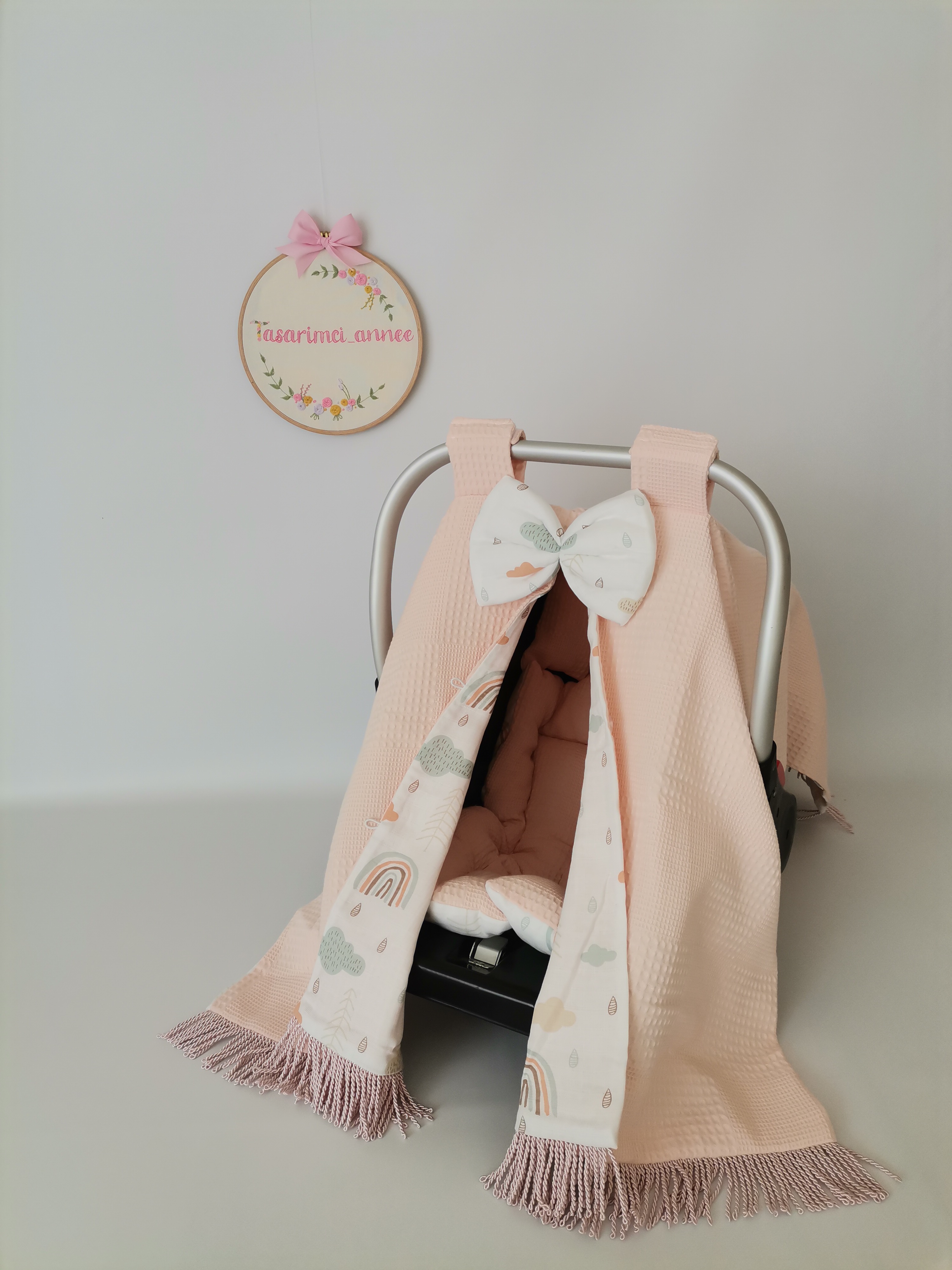 Puset örtüsü pembe püsküllü somon waffle pike - gökkuşaklı müslin
