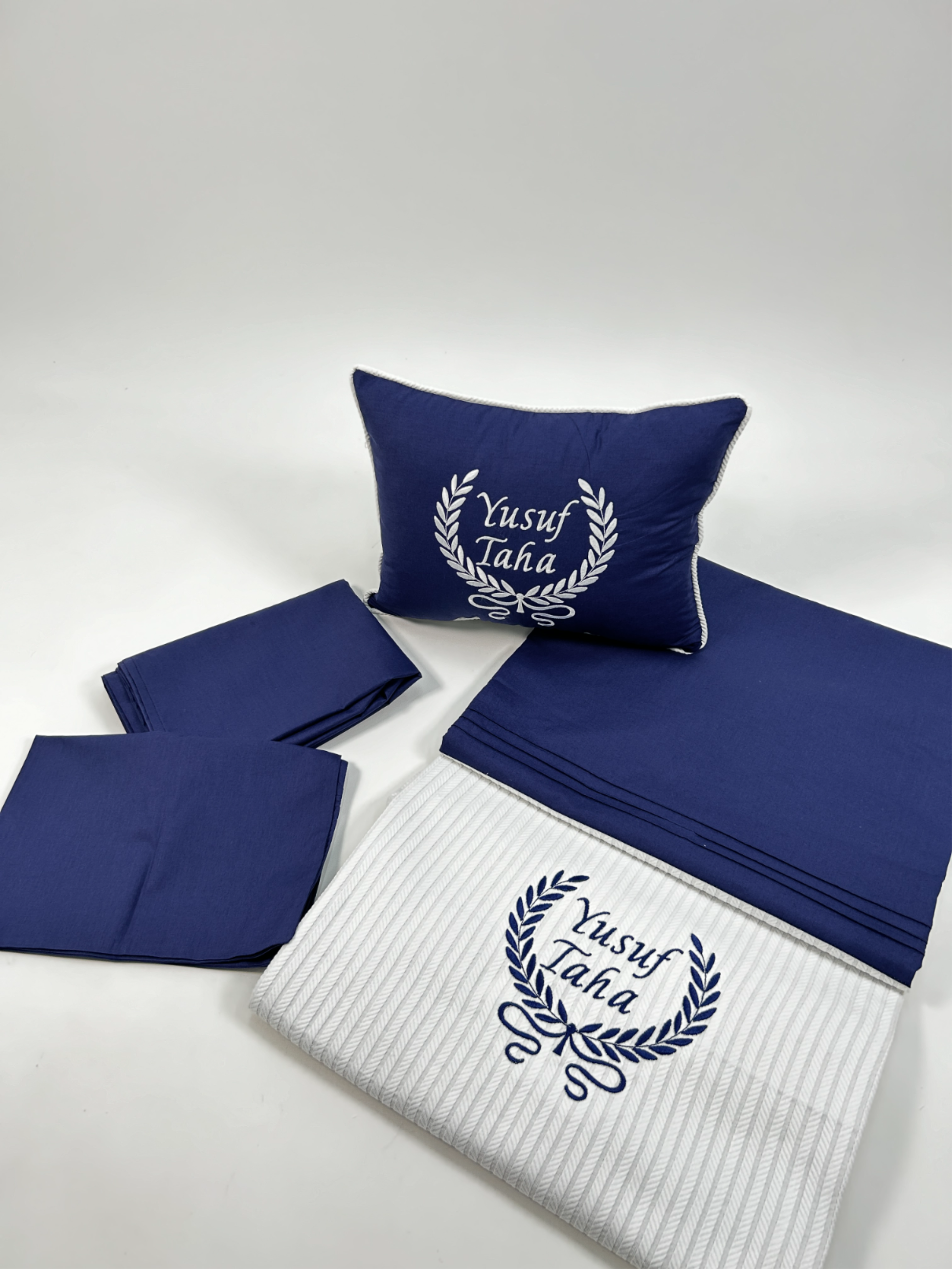 Pike takımı 4 parça beyaz örgü pike - lacivert poplin 