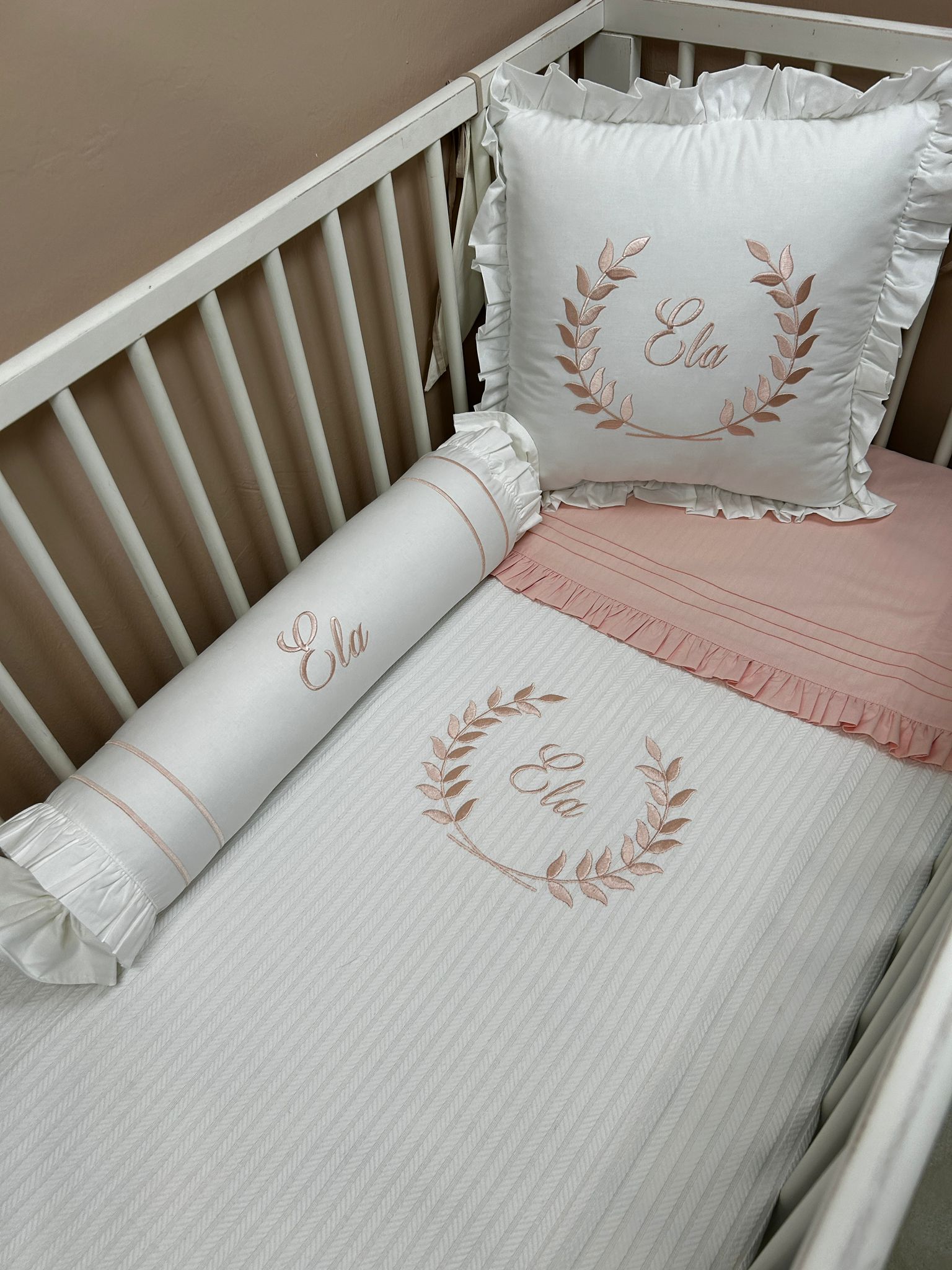 Pike takımı 5 parça beyaz örgü pike - somon poplin