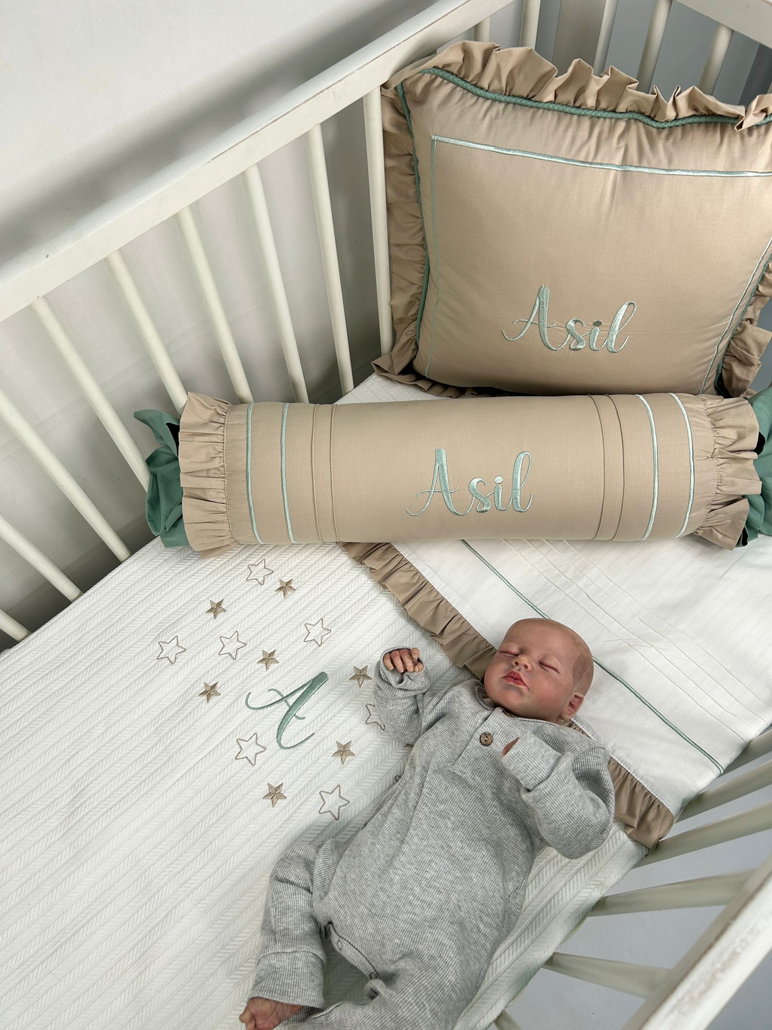 Pike takımı 5 parça beyaz örgü pike - bej poplin