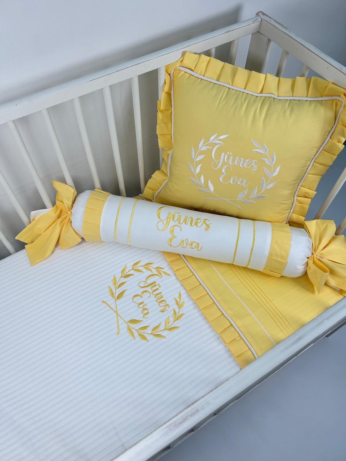Pike takımı 5 parça beyaz örgü pike - sarı poplin