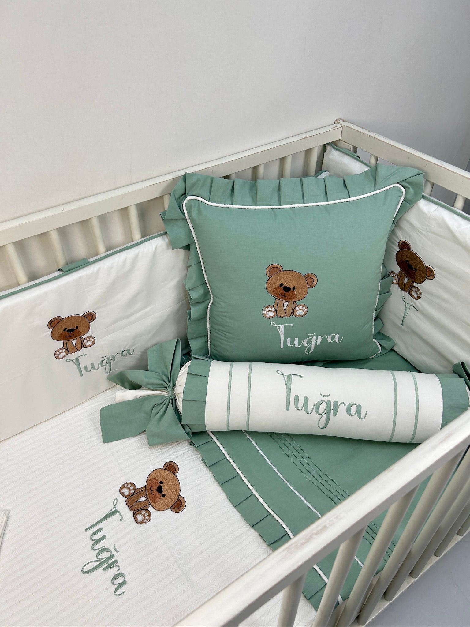 Pike takımı 5 parça beyaz örgü pike - yeşil poplin 2