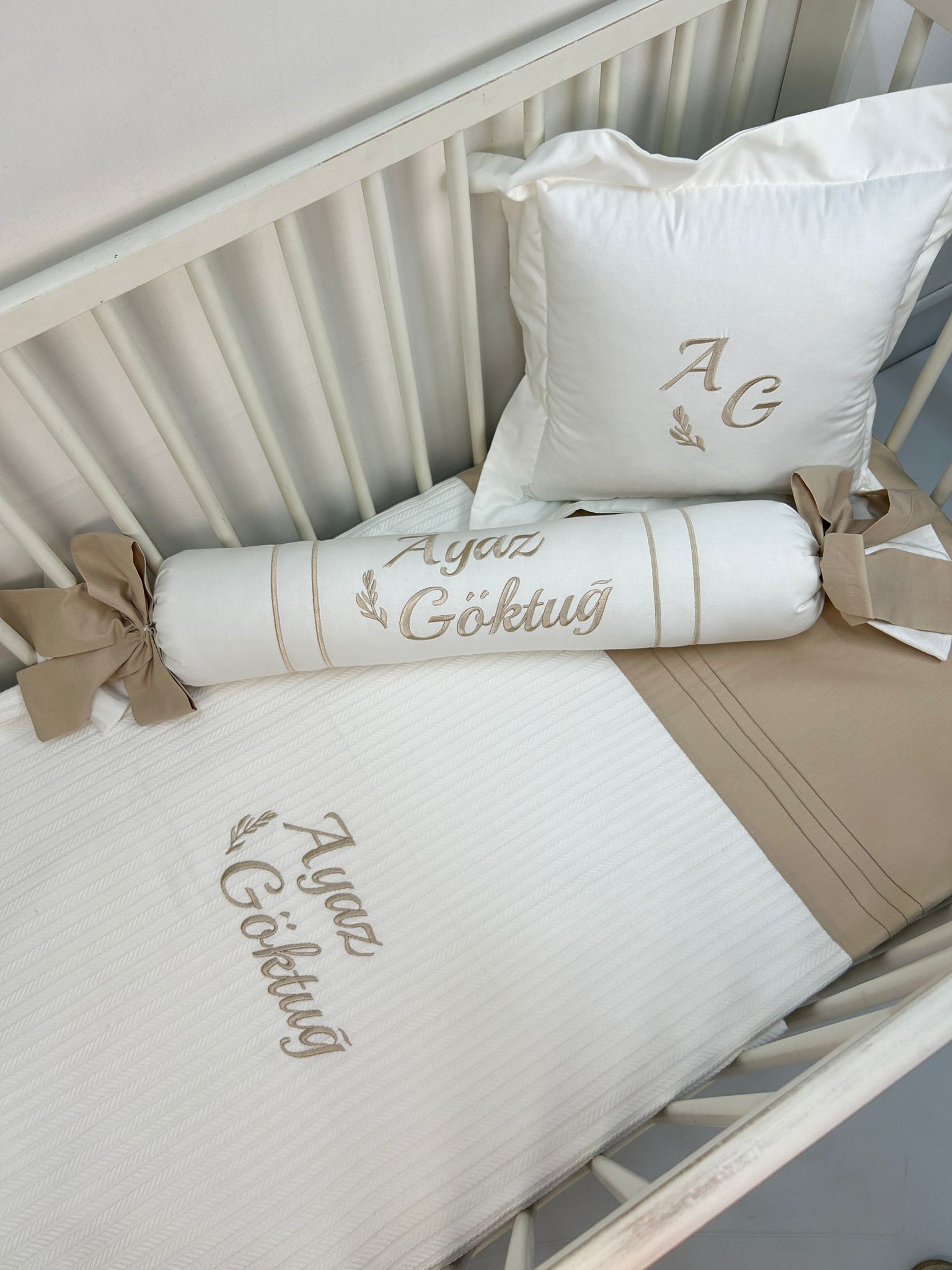 Pike takımı 5 parça beyaz örgü pike - bej poplin 2