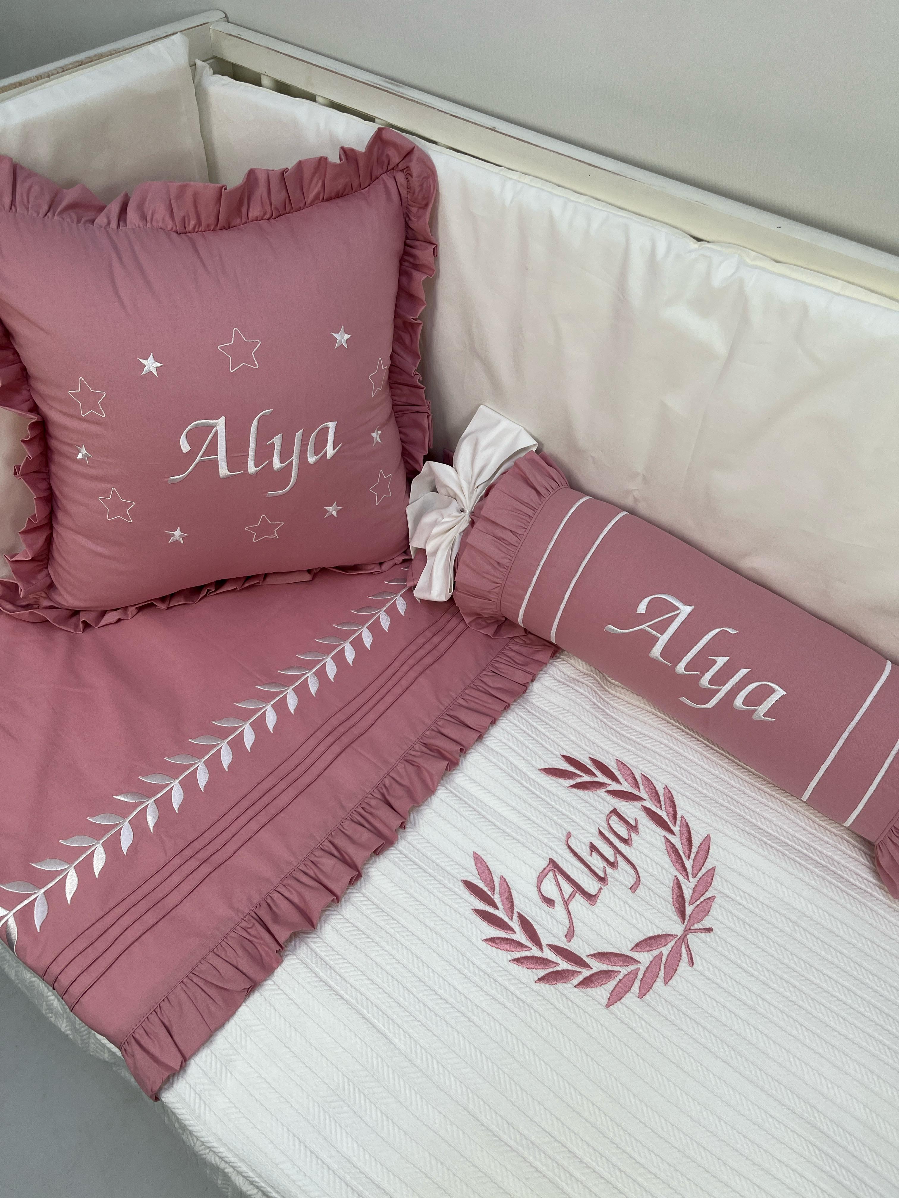 Pike takımı 5 parça beyaz örgü pike - gül kurusu poplin 2