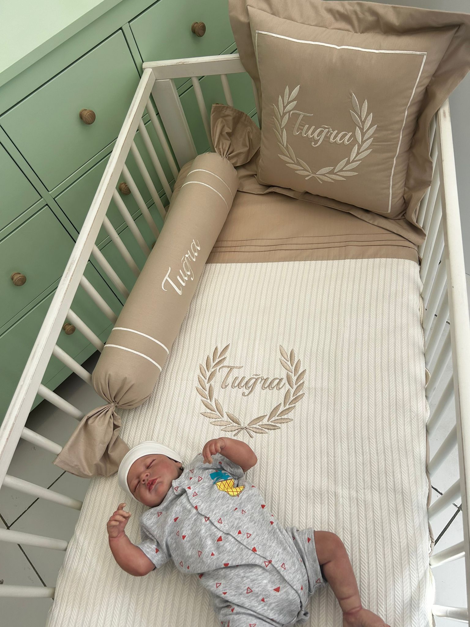Pike takımı 5 parça krem örgü pike - bej poplin