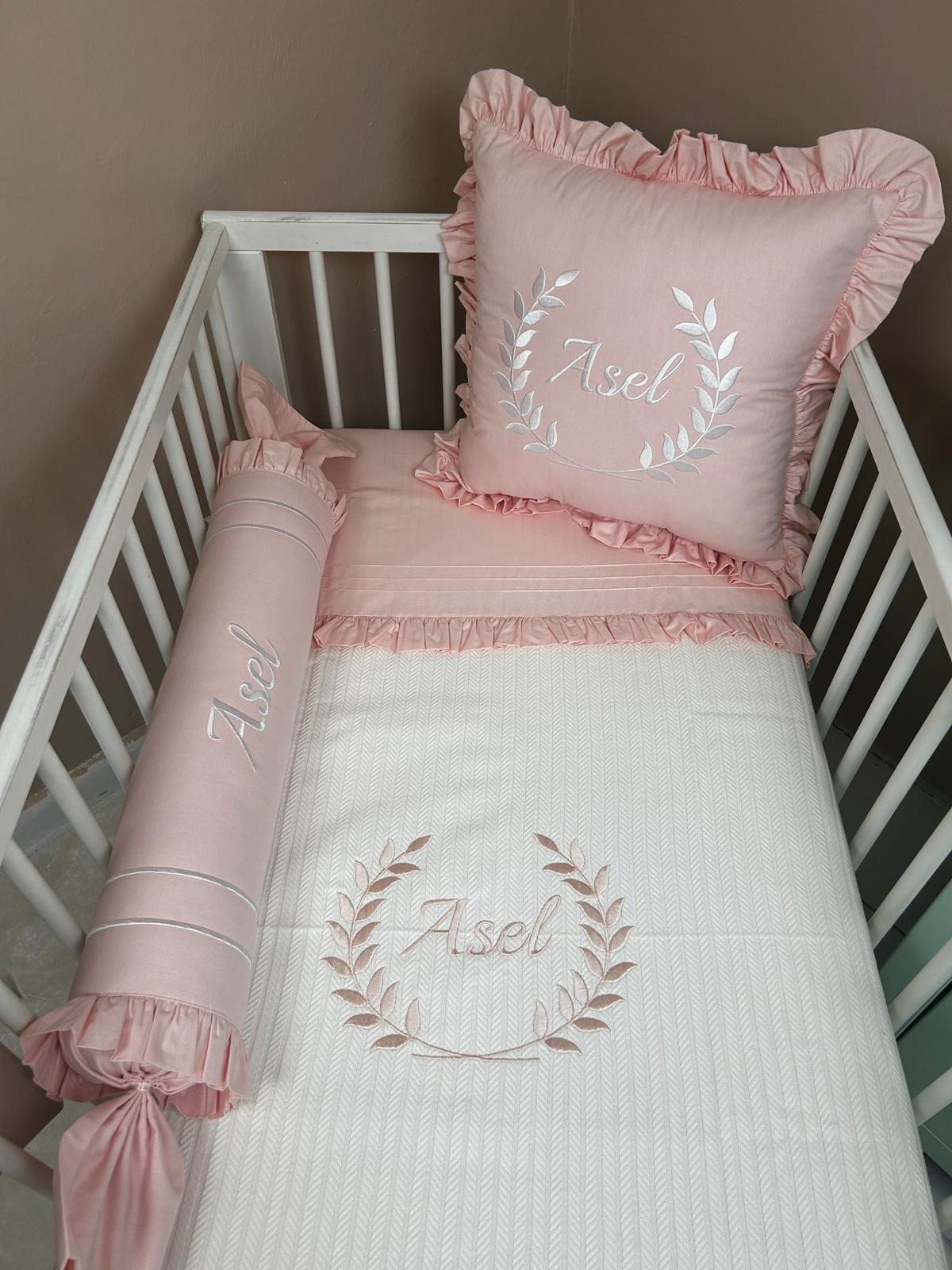Pike takımı 5 parça krem örgü pike - somon poplin 3