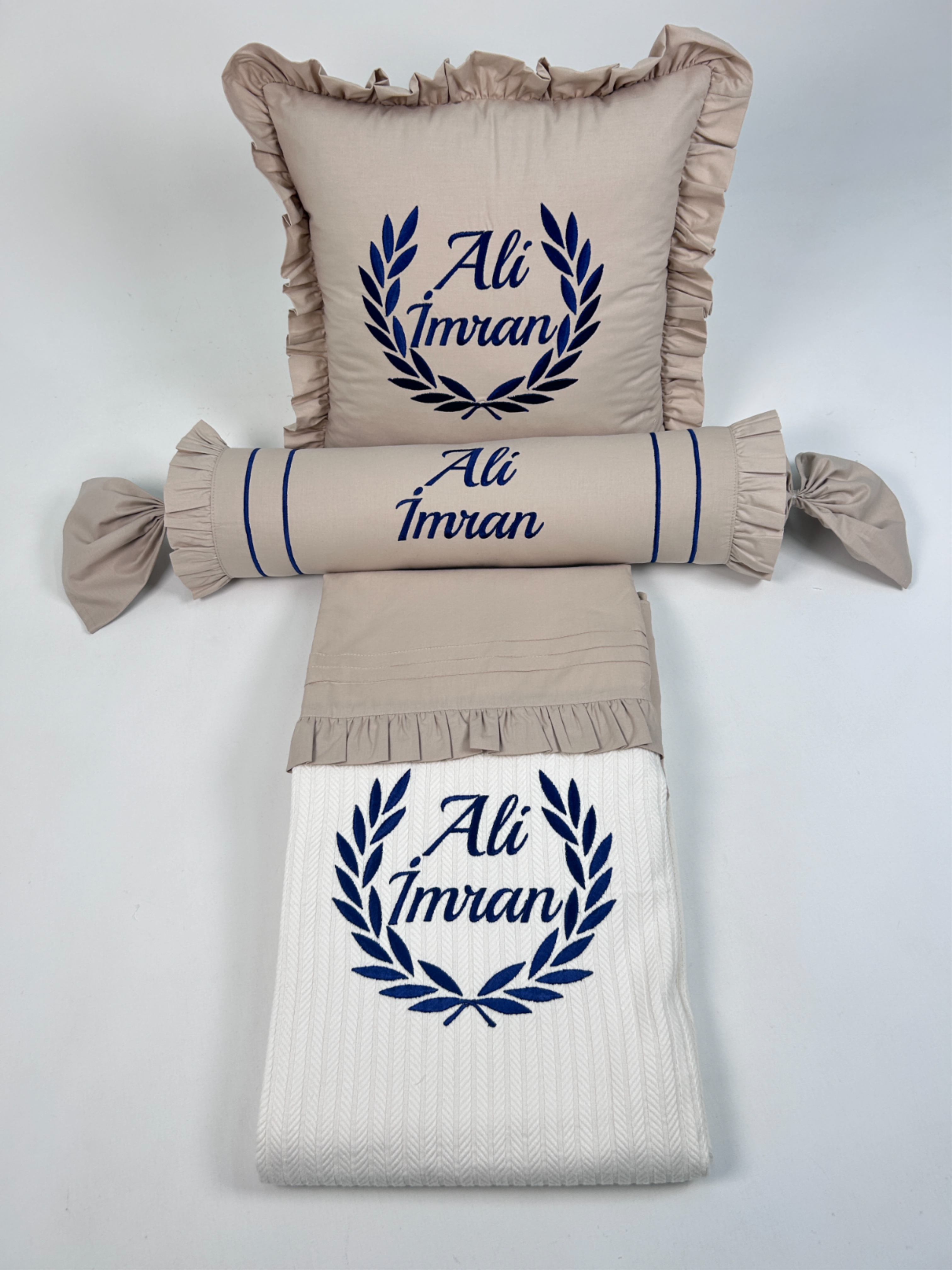 Pike takımı 5 parça krem örgü pike - bej poplin 5