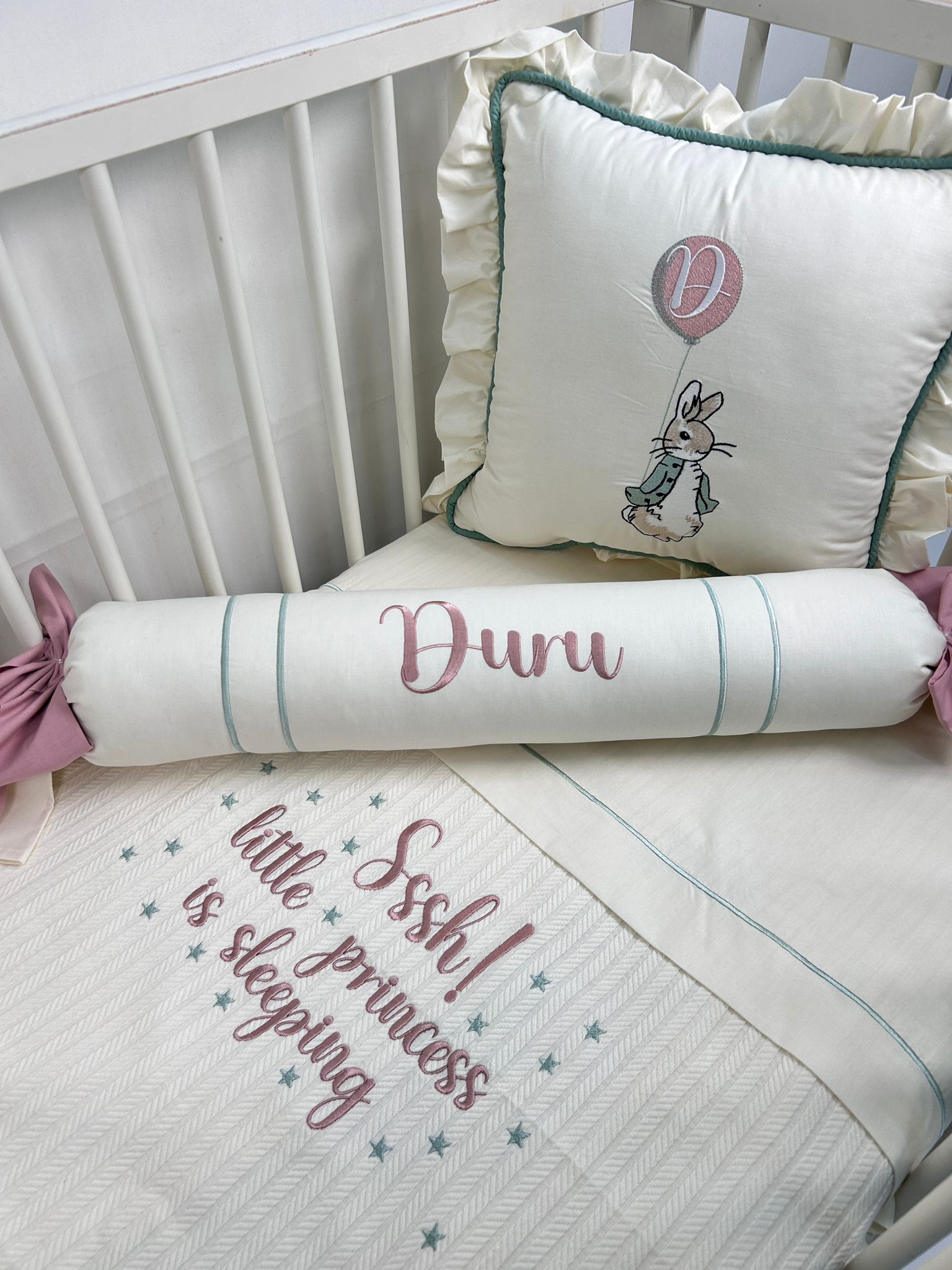 Pike takımı 5 parça krem örgü pike - krem poplin 5