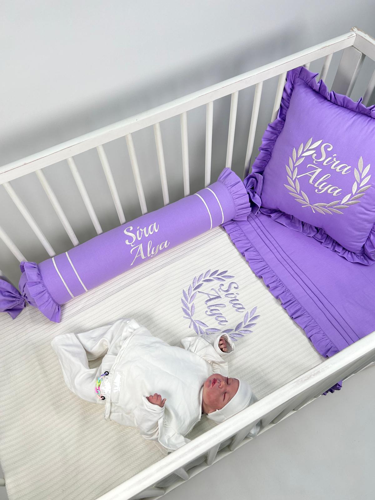 Pike takımı 5 parça krem örgü pike - mor poplin