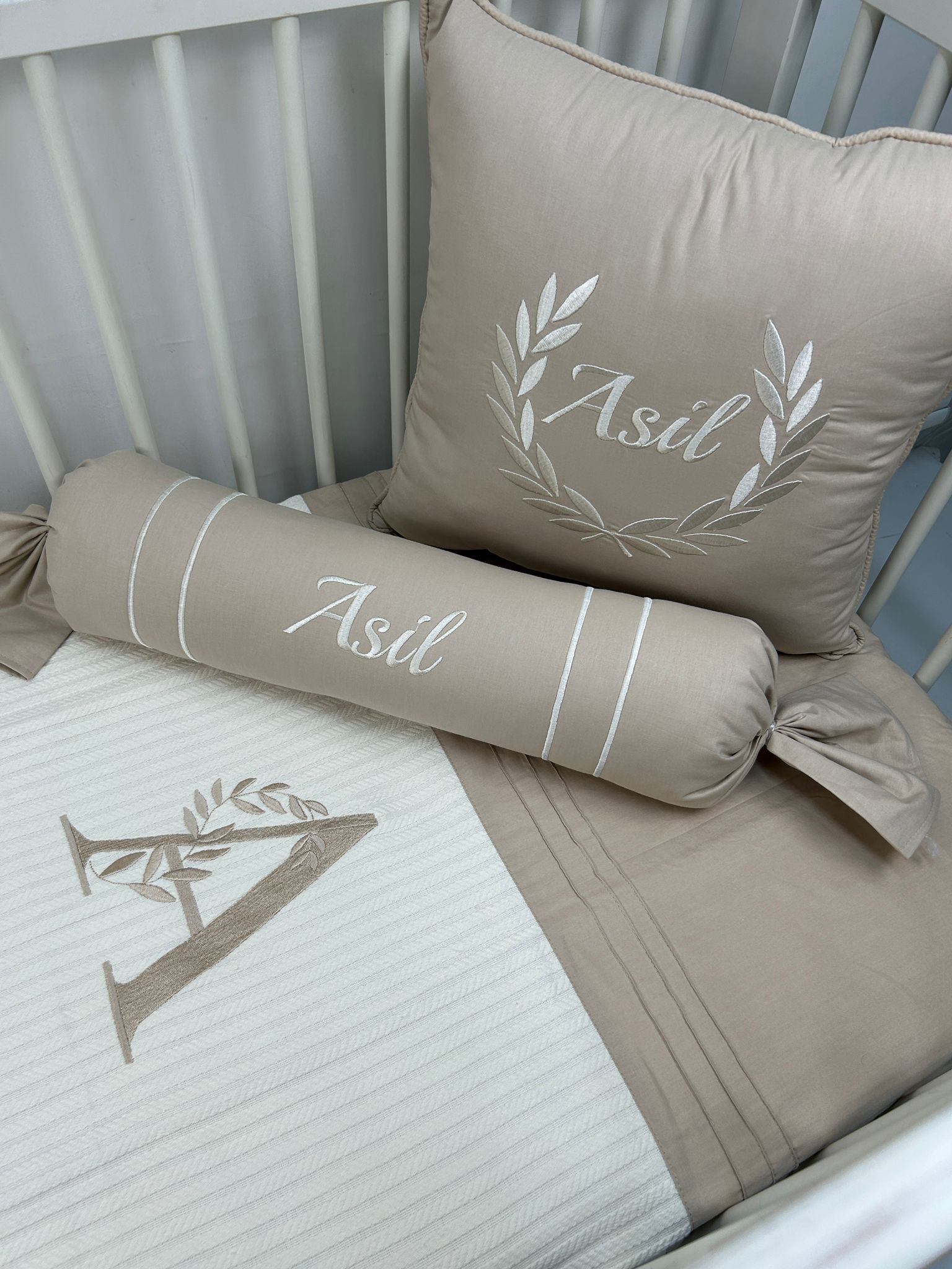 Pike takımı 5 parça krem örgü pike - bej poplin kumaş