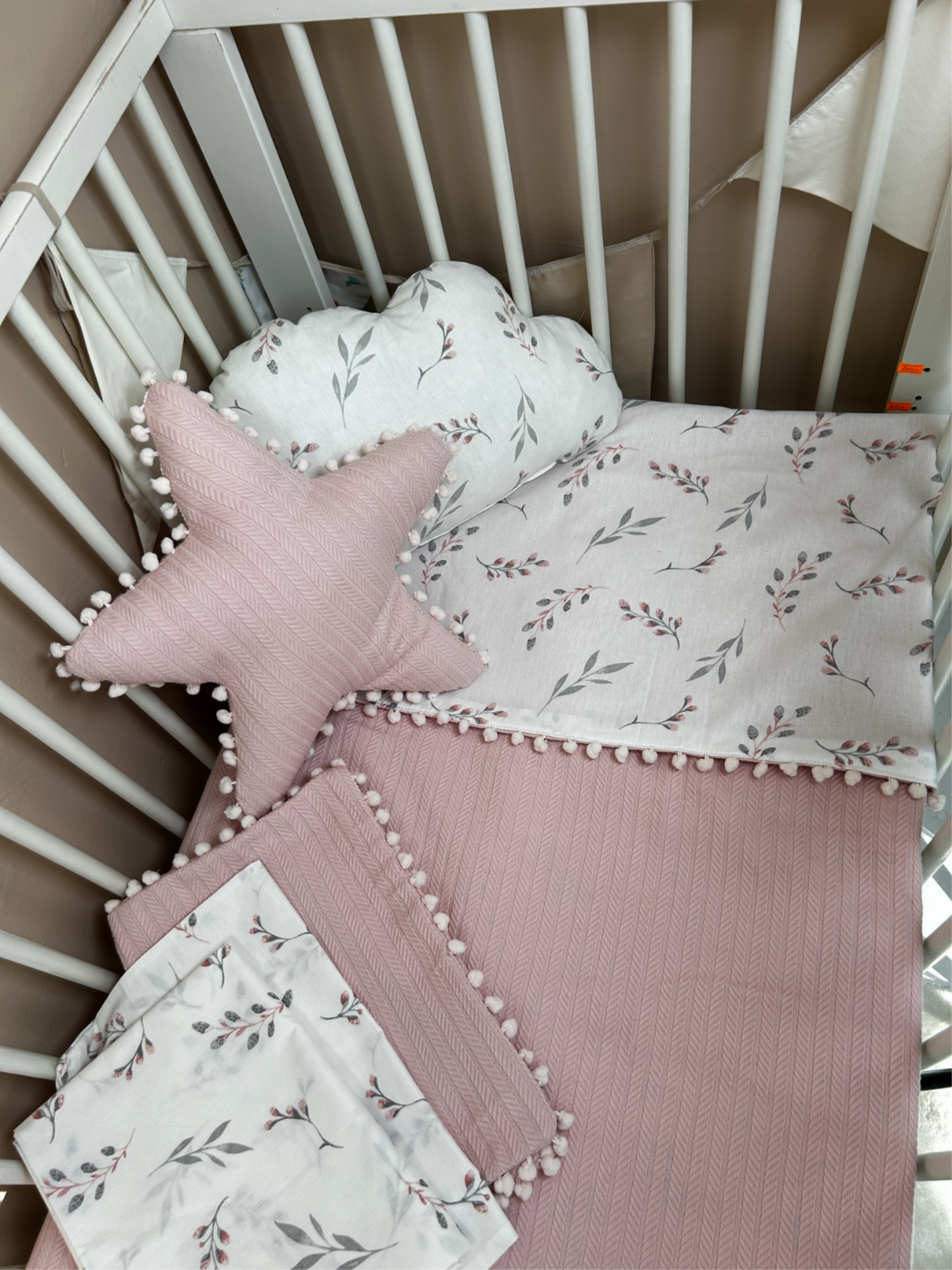 Pike takımı 6 parça pudra pembe örgü pike - pembe zeytin dalı desenli poplin