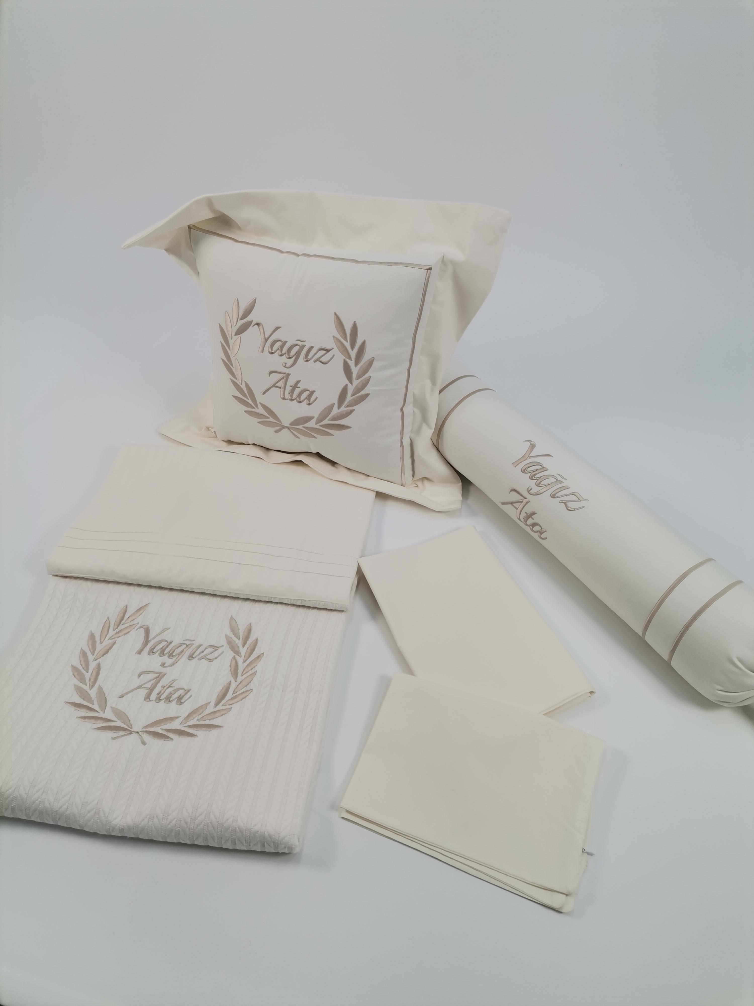 Pike takımı 5 parça krem örgü pike - krem poplin