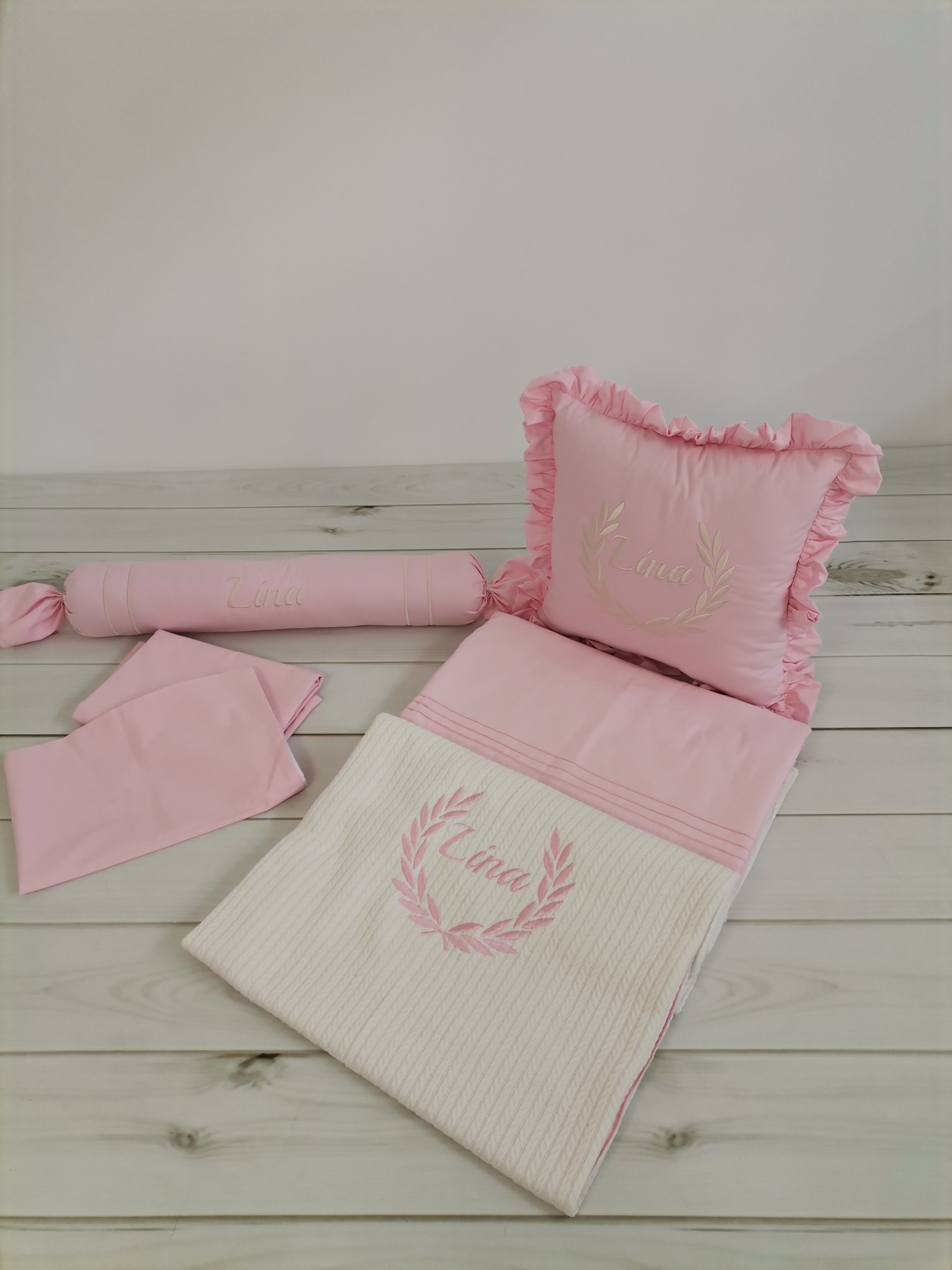 Pike takımı 5 parça krem örgü pike - v29 pembe poplin