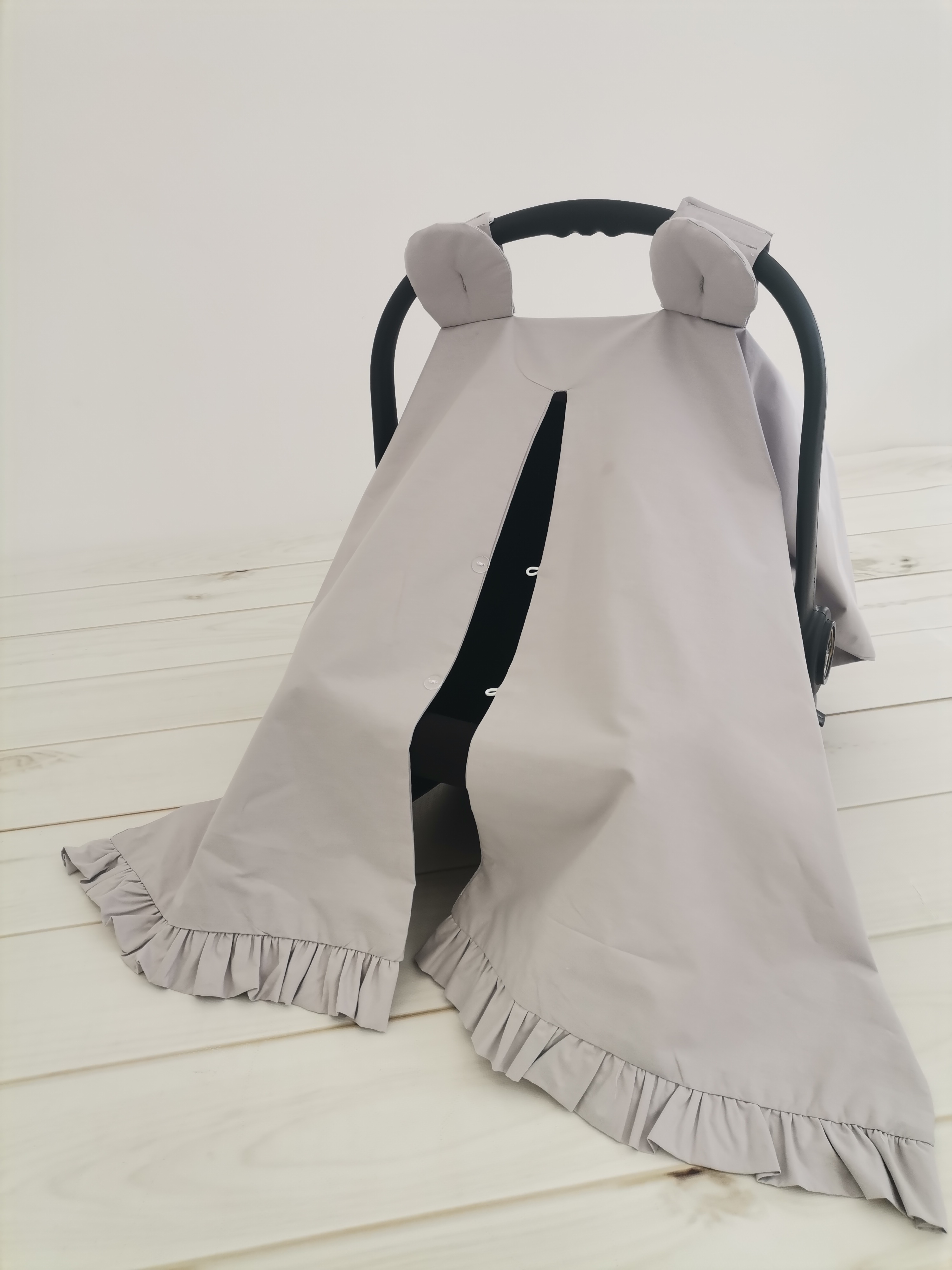 Puset örtüsü fırfırlı kulaklı v15 gri poplin