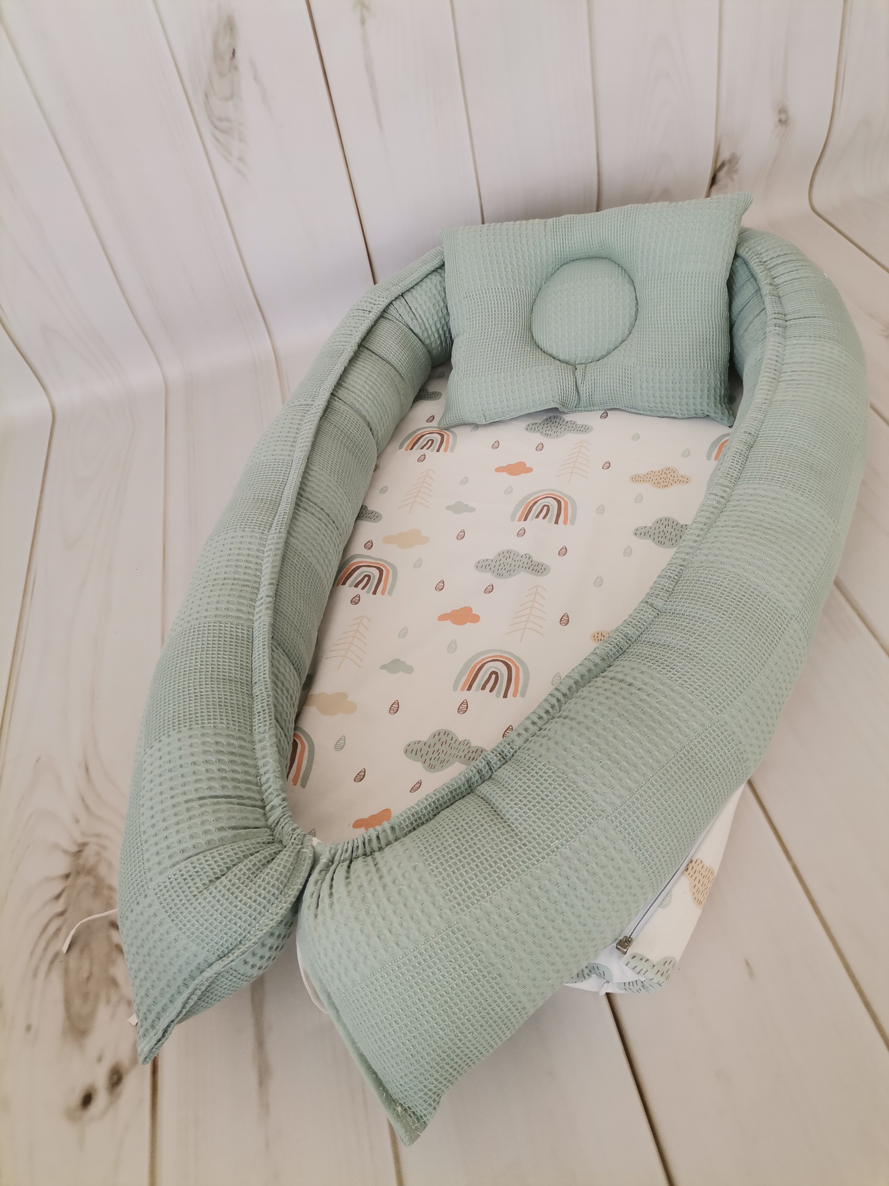 Çok amaçlı babynest yeşil waffle pike - gökkuşaklı müslin