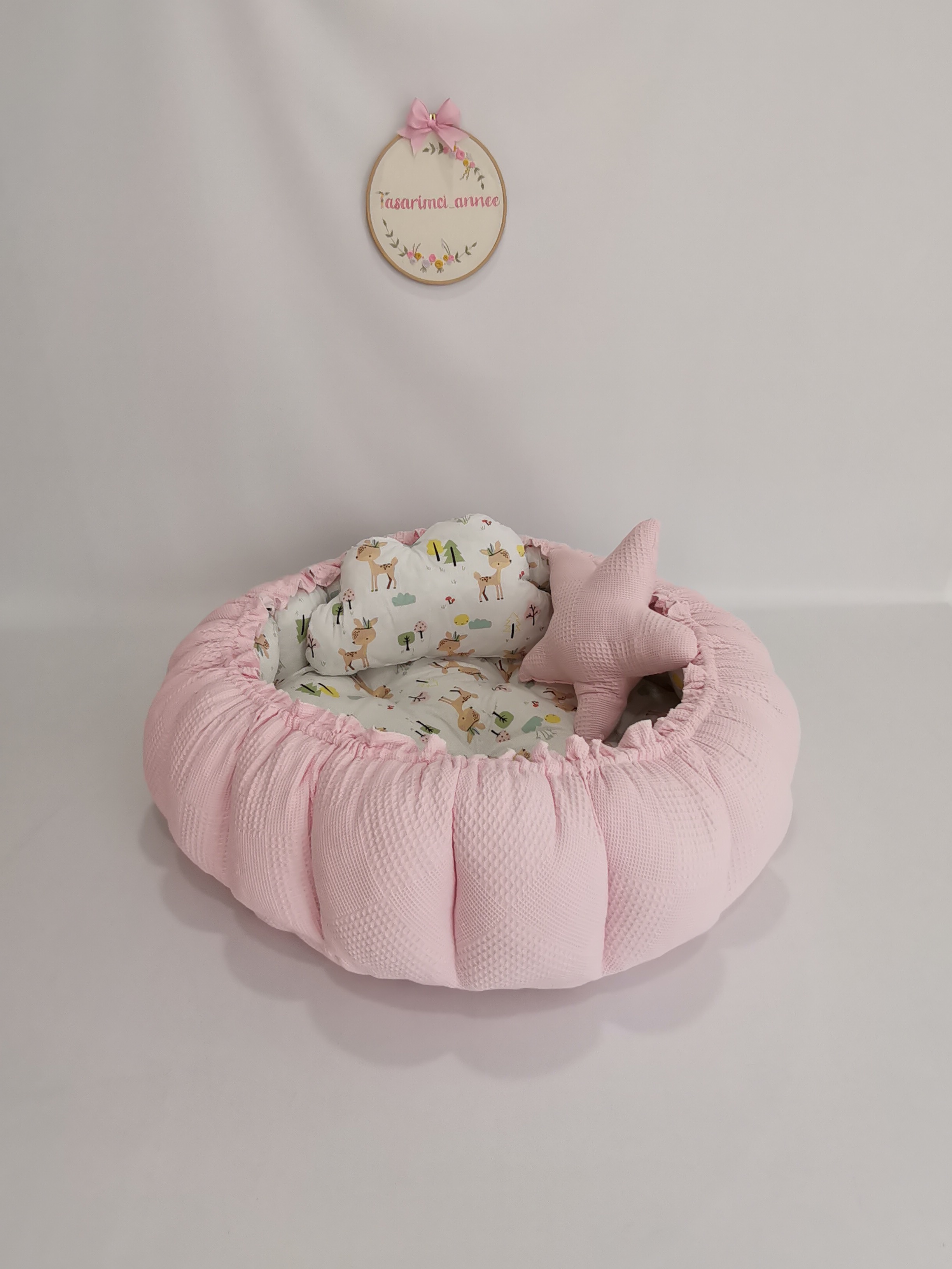 Yuvarlak babynest pembe waffle pike - karacalı poplin