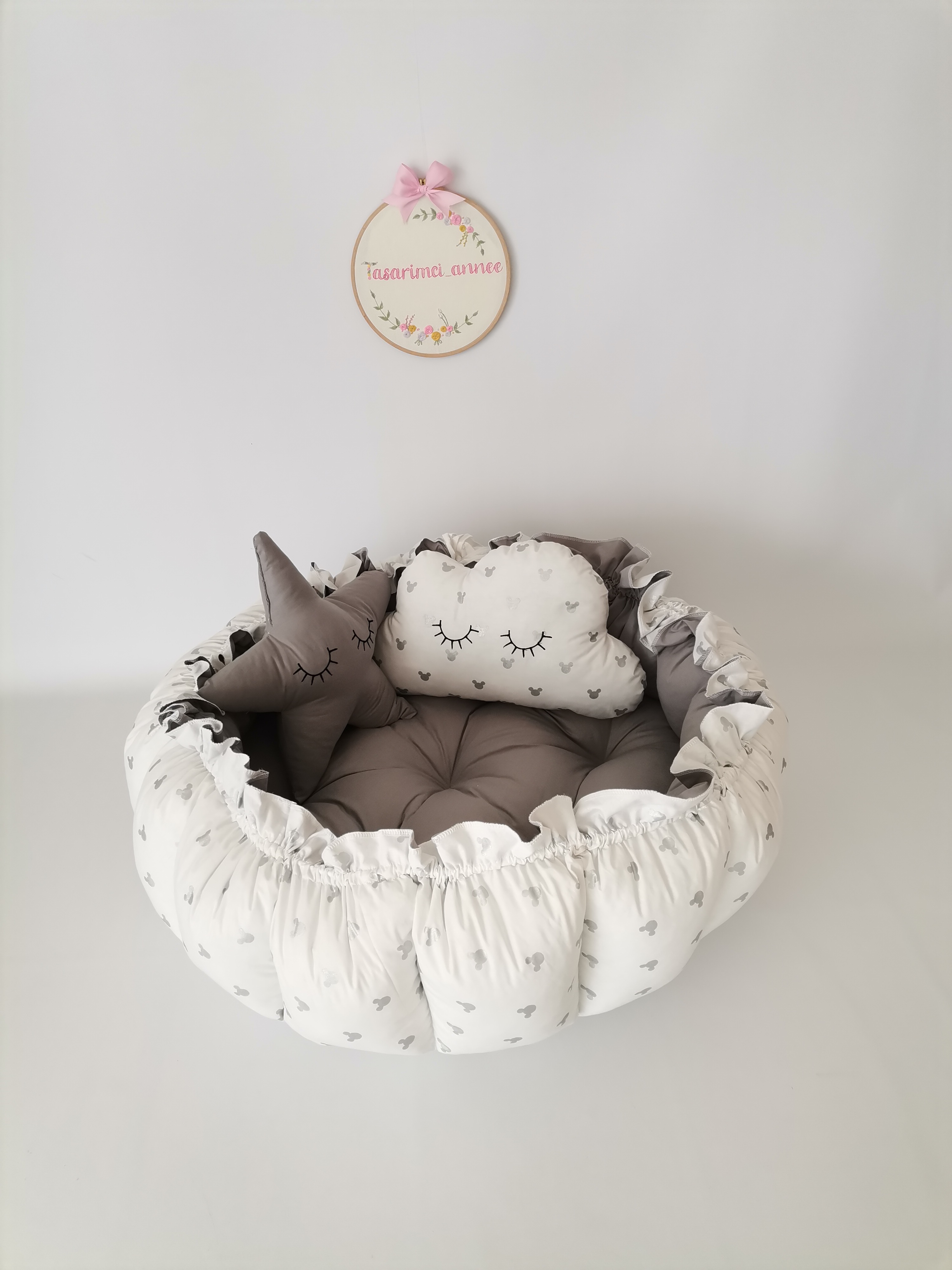 Yuvarlak babynest gümüş mickeyli poplin - koyu gri poplin