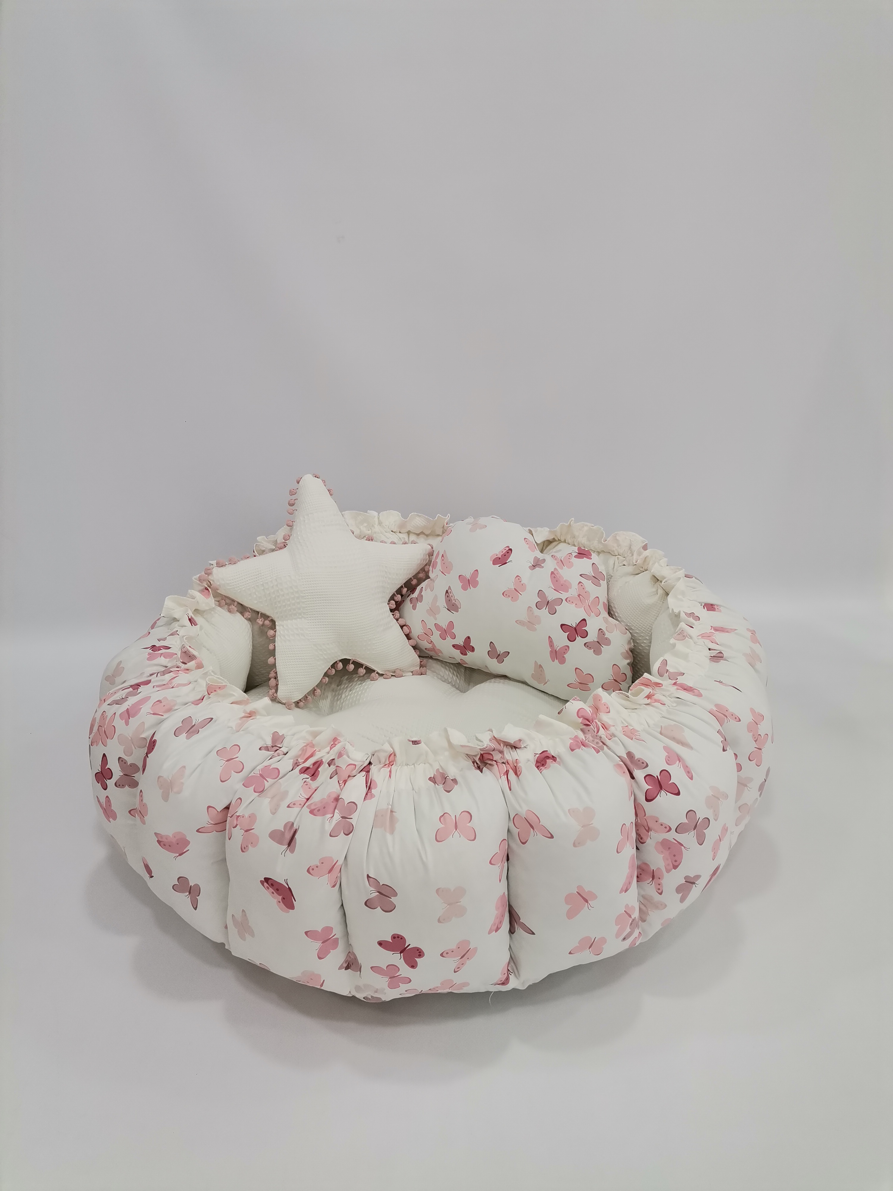Yuvarlak babynest krem waffle pike - pudra kelebekli poplin