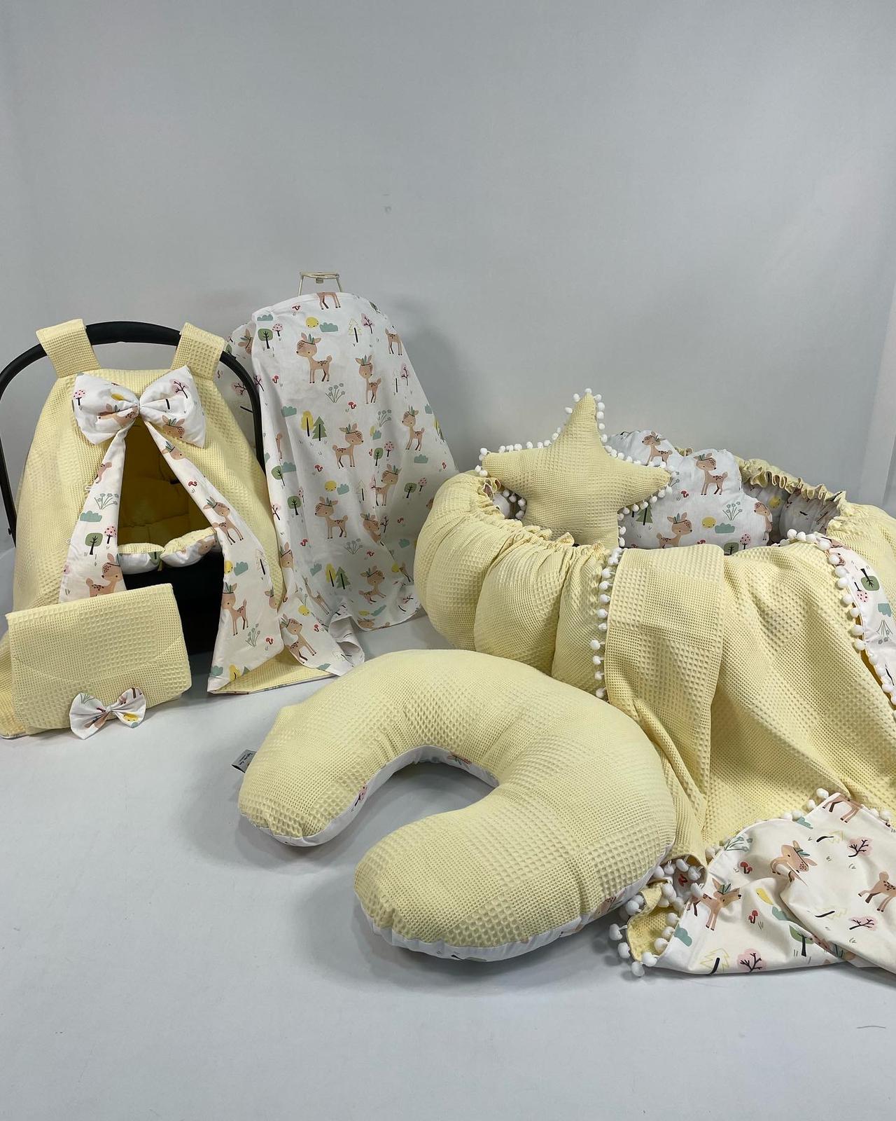 Yuvarlak babynest 9'lu set sarı waffle pike - karacalı poplin