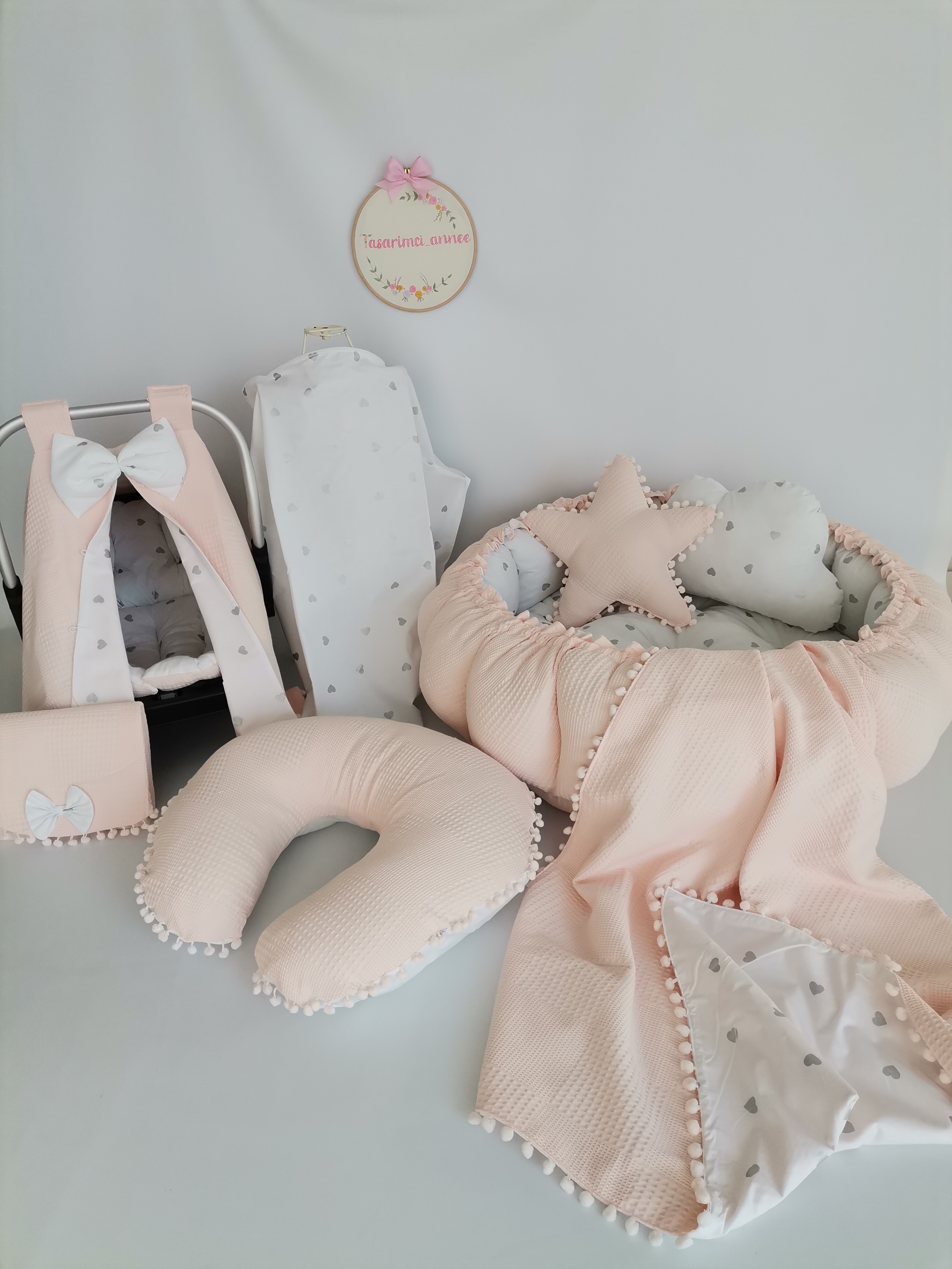 Yuvarlak babynest 9'lu set somon waffle pike - gümüş kalpli poplin