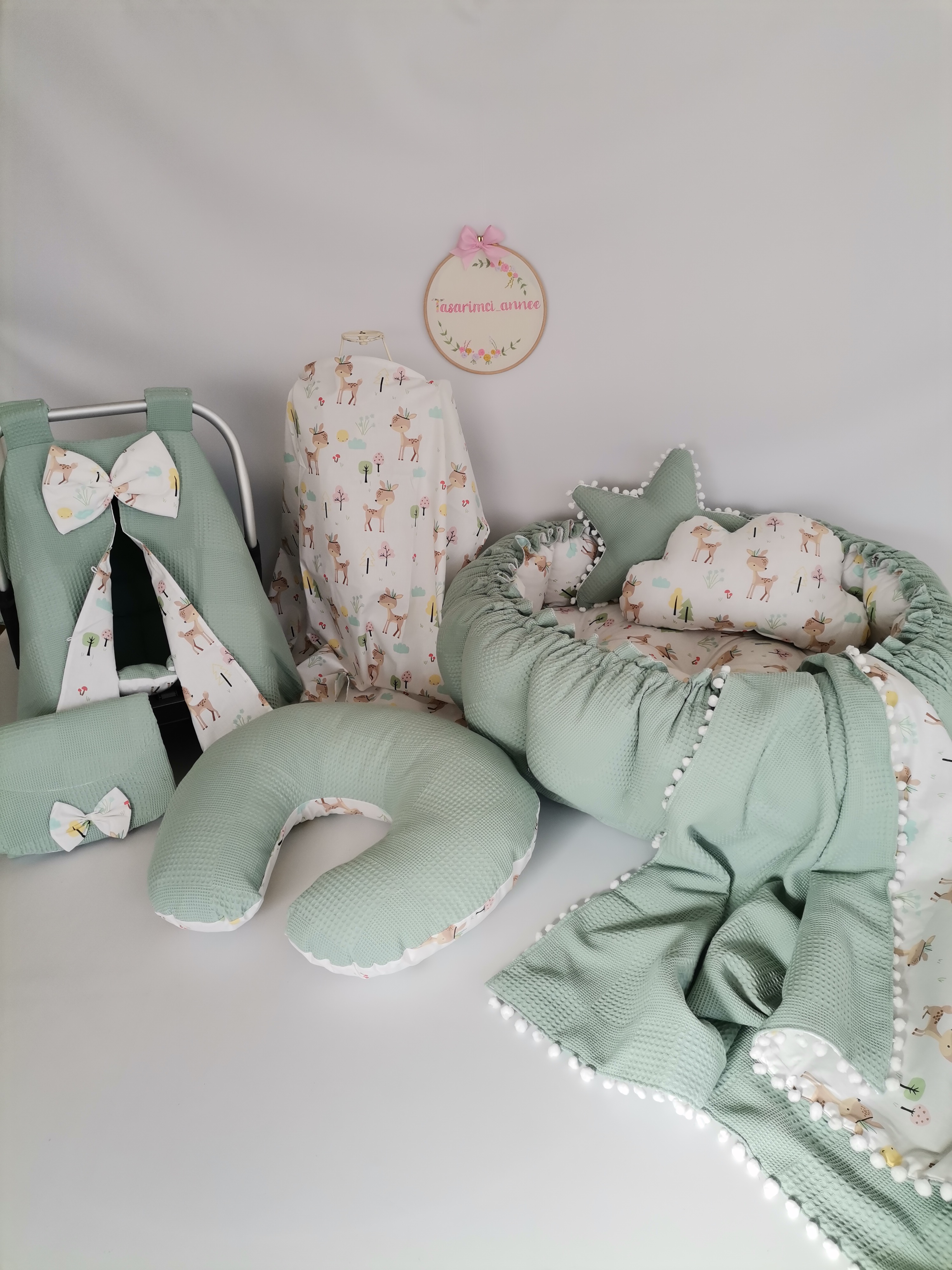 Yuvarlak babynest 9'lu set yeşil waffle pike - karacalı poplin