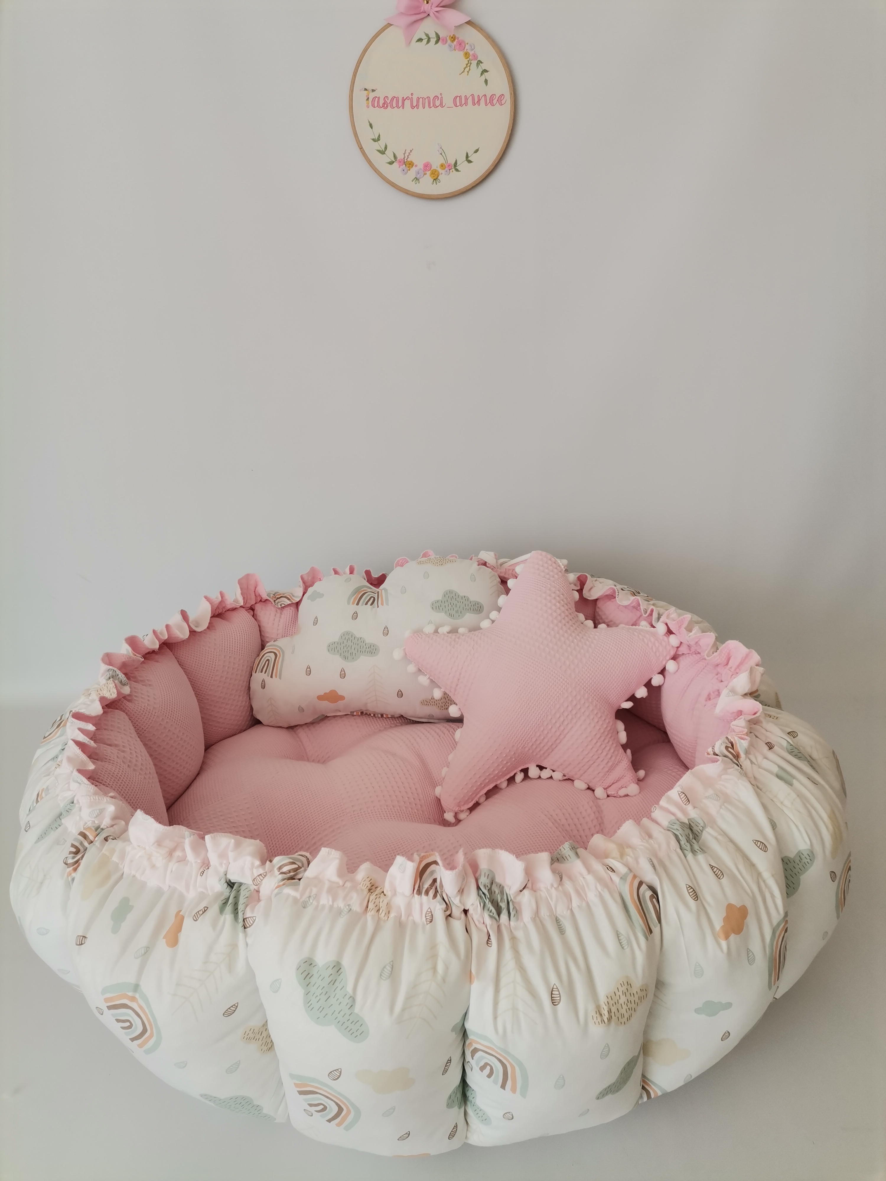 Yuvarlak babynest pembe waffle pike - gökkuşaklı poplin