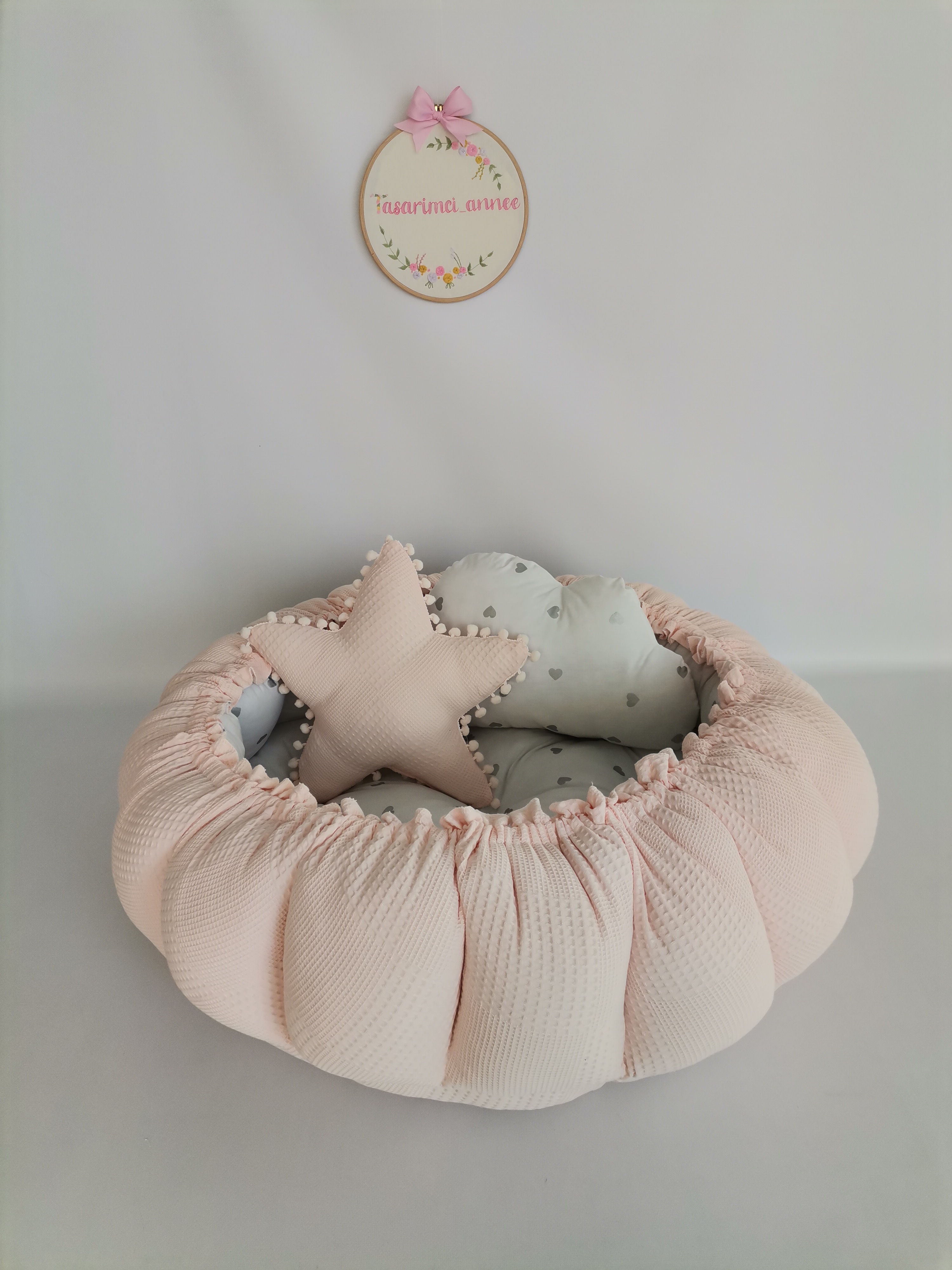 Yuvarlak babynest somon waffle pike - gümüş kalpli poplin