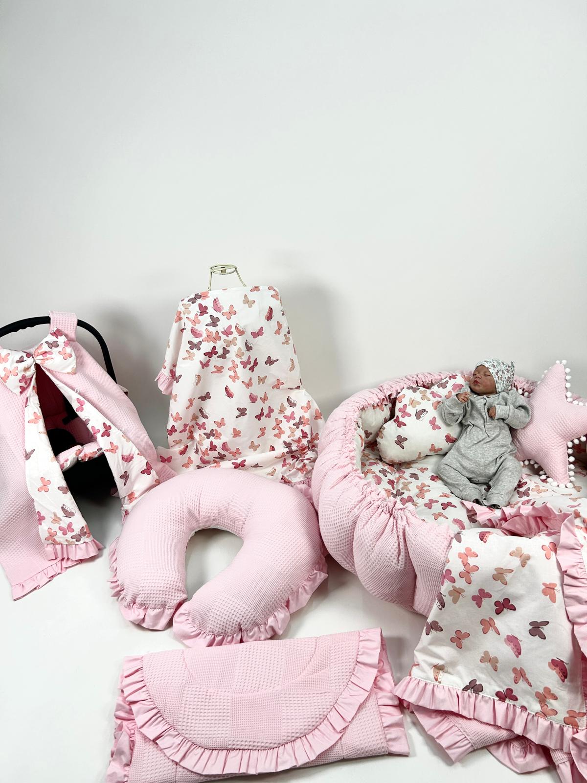Yuvarlak babynest 9'lu fırfırlı set pembe waffle pike - pudra kelebekli poplin
