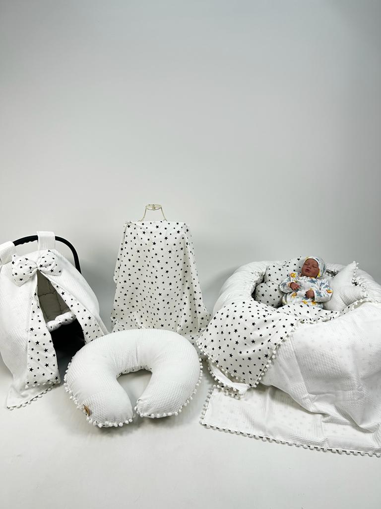 Yuvarlak babynest 9'lu set beyaz waffle pike - beyaz üstü siyah yıldızlı poplin