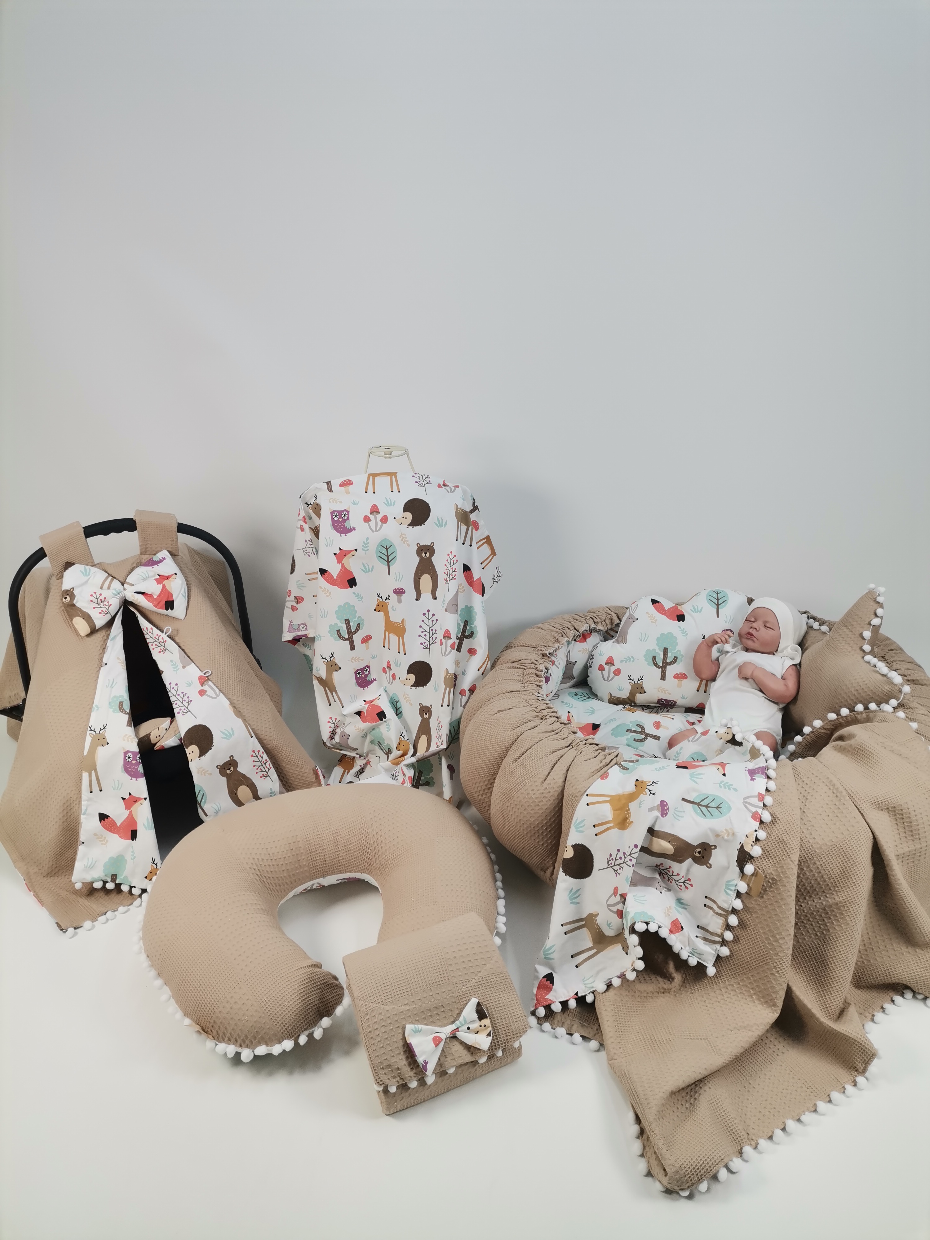 Yuvarlak babynest 9'lu set bej waffle pike - hayvan figürlü poplin