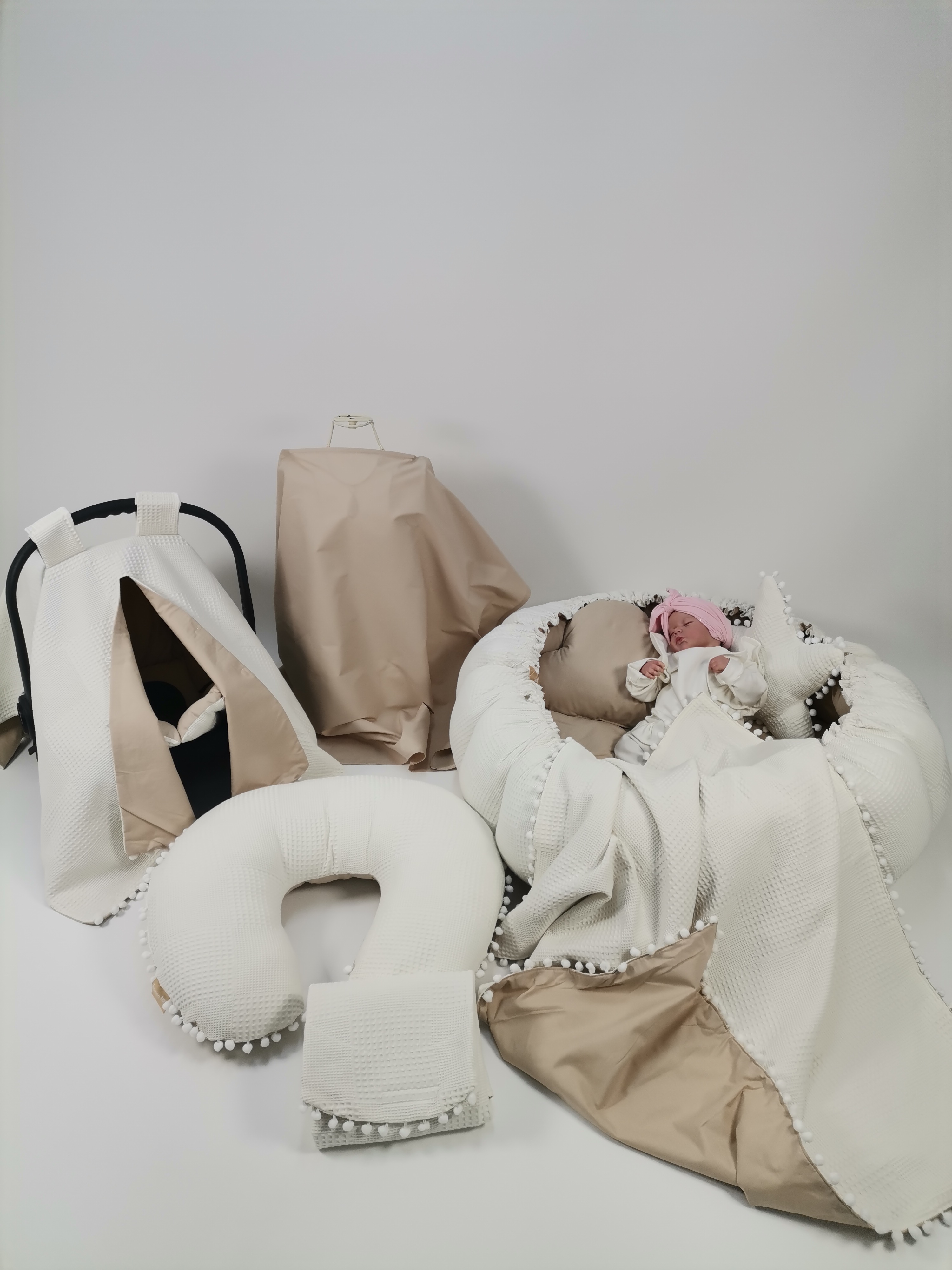 Yuvarlak babynest 9'lu set krem waffle pike - bej poplin