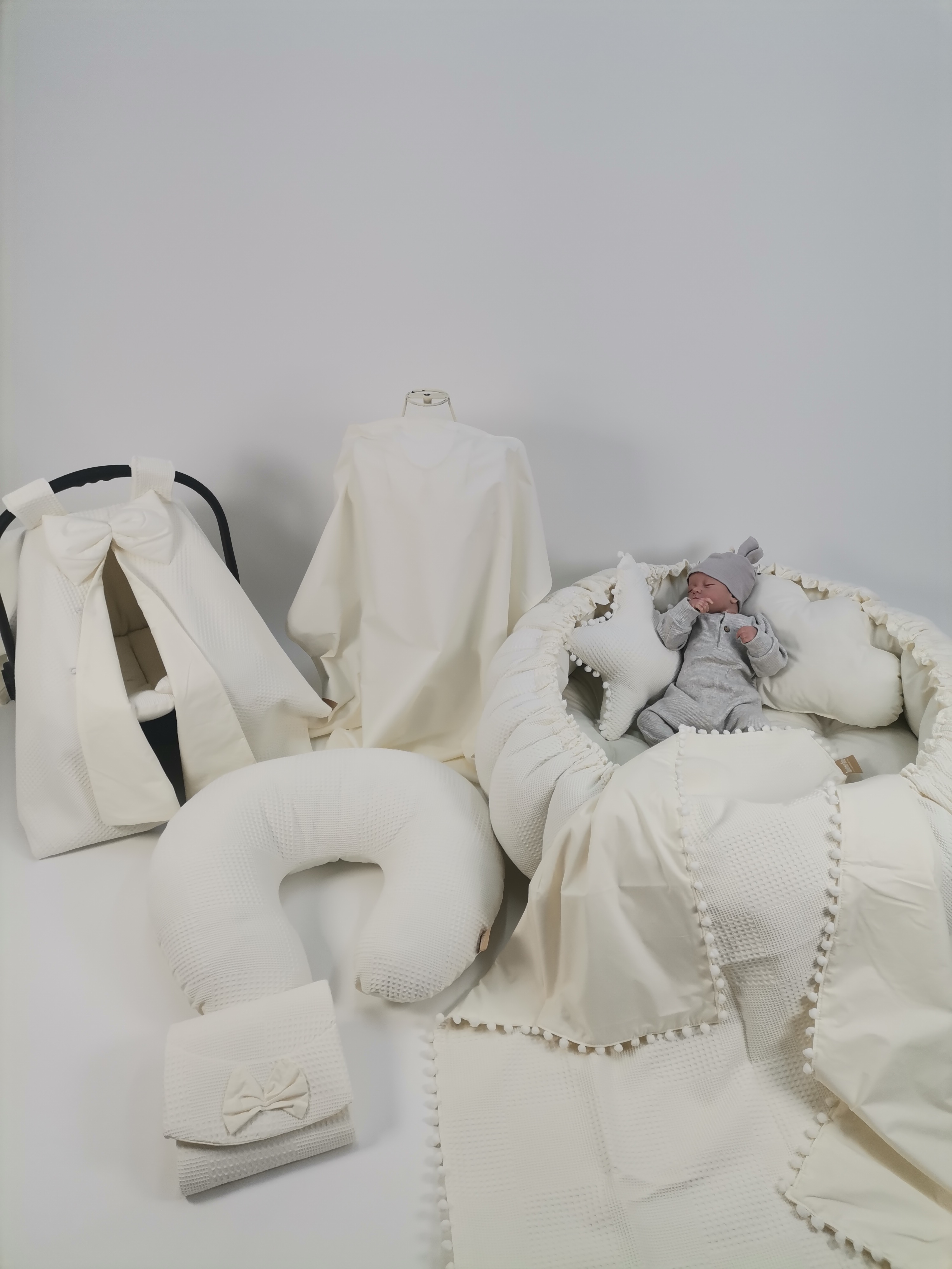 Yuvarlak babynest 9'lu set krem waffle pike - krem poplin
