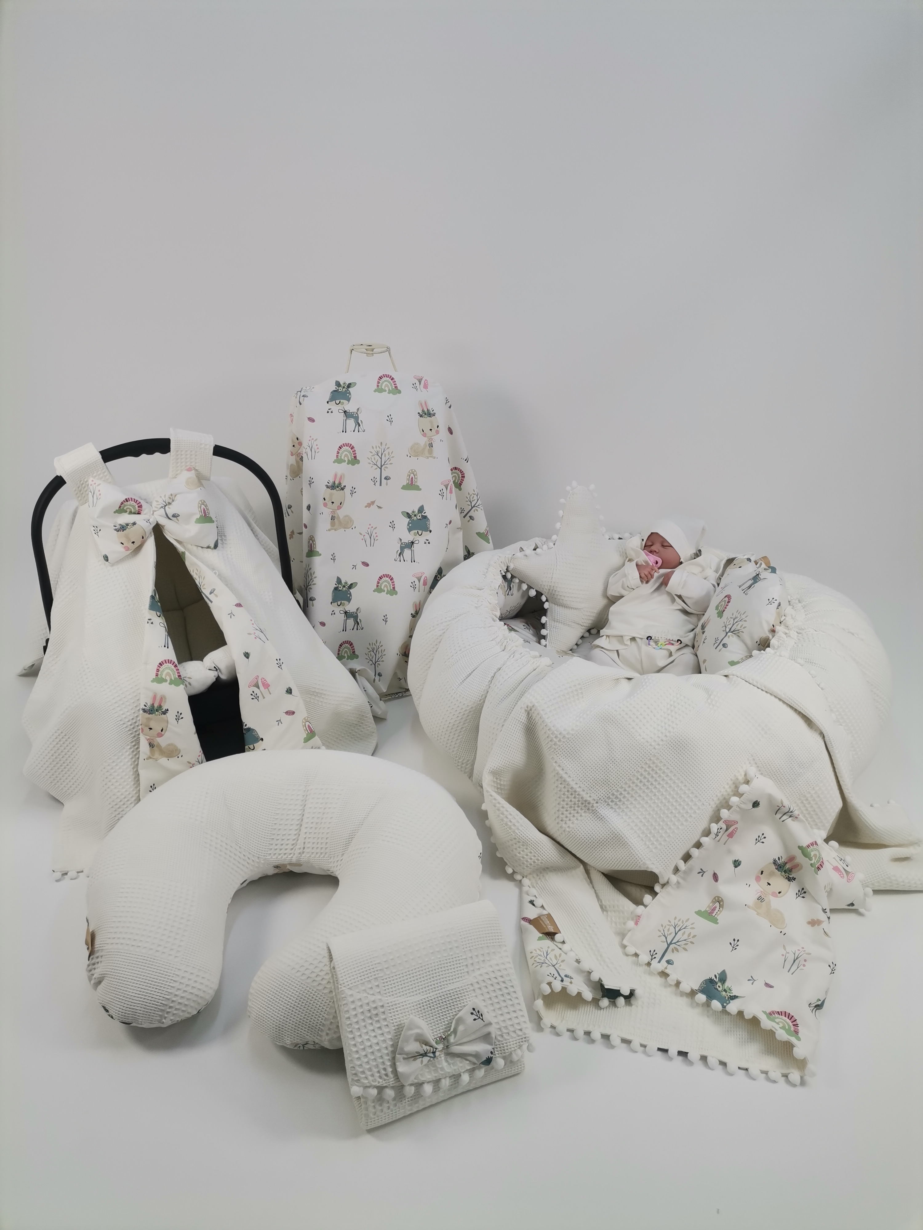 Yuvarlak babynest 9'lu set krem waffle pike - yeni ceylanlı poplin