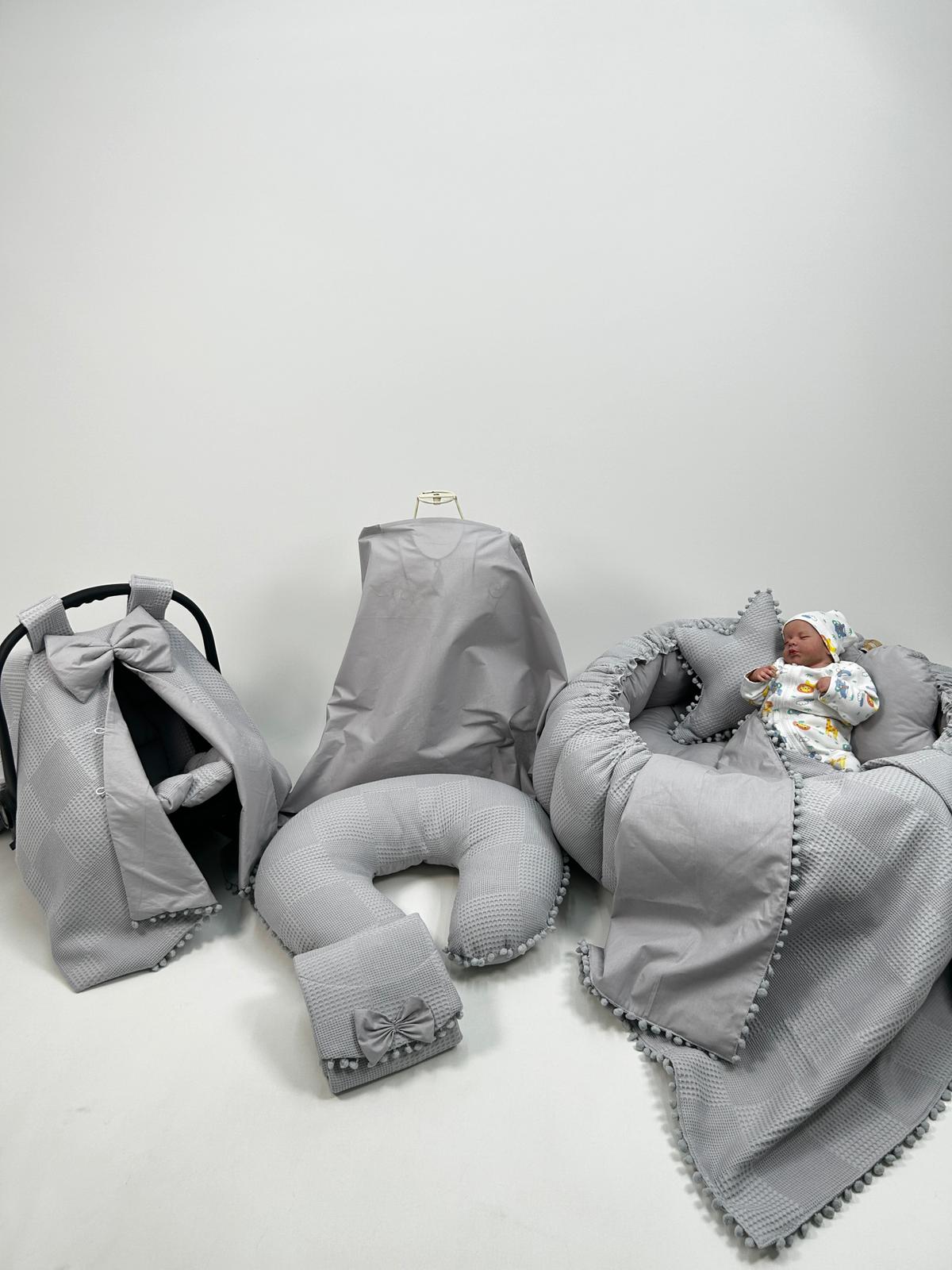 Yuvarlak babynest 9'lu set koyu gri waffle pike - koyu gri poplin