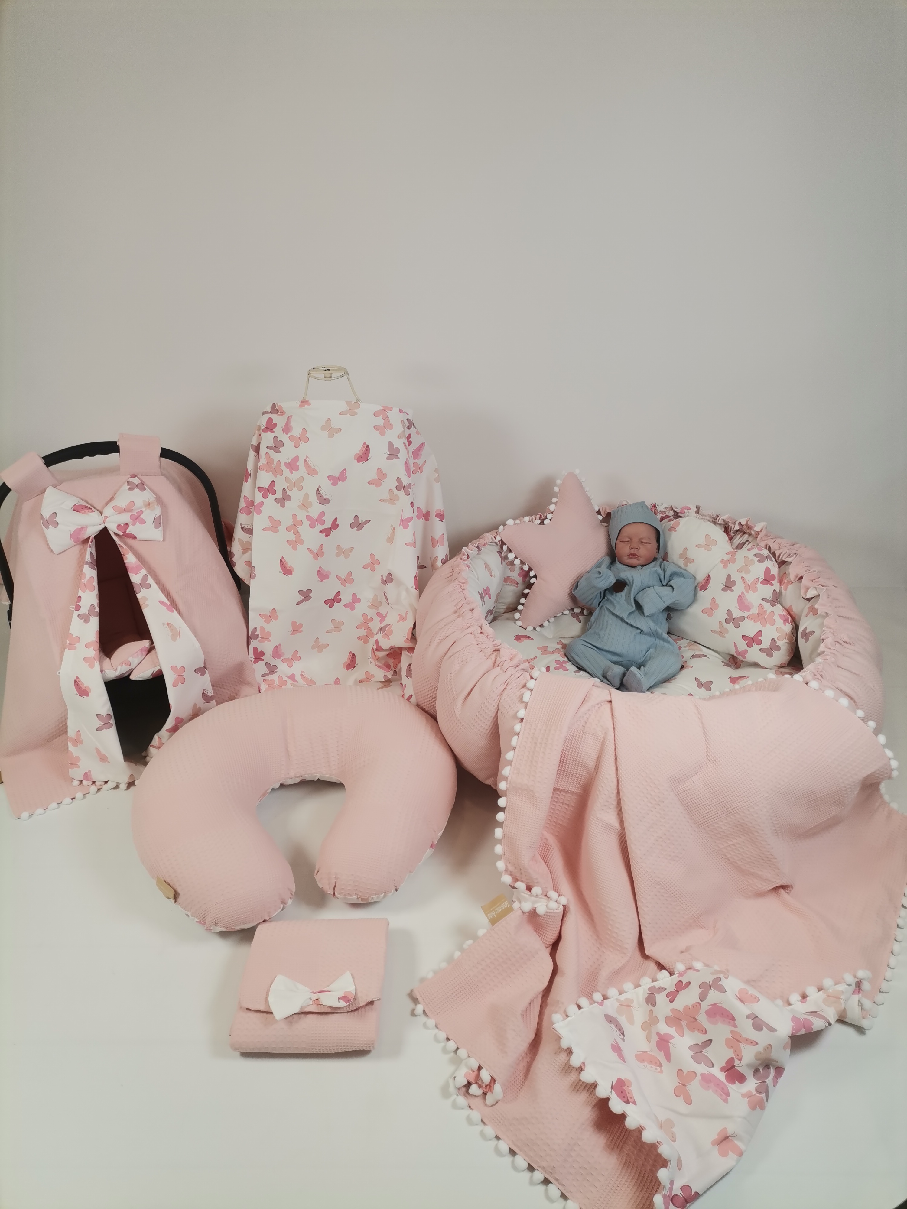 Yuvarlak babynest 9'lu set pudra pembe waffle pike - pudra kelebekli poplin