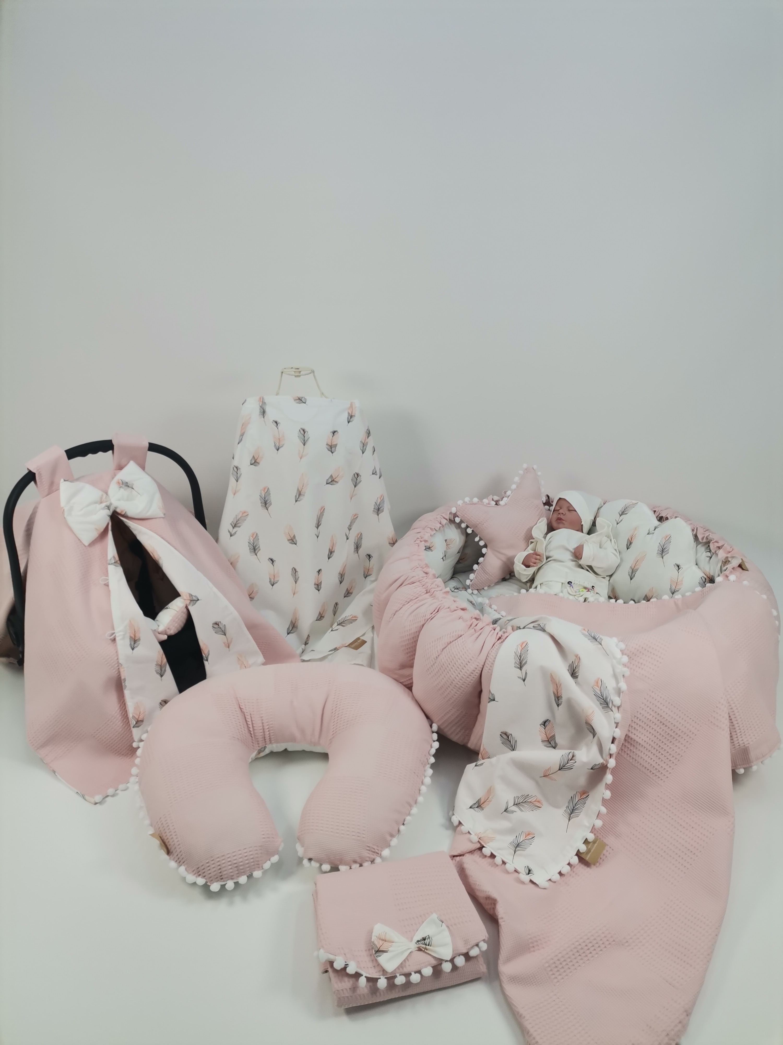 Yuvarlak babynest 9'lu set pudra pembe waffle pike - pembe tüylü poplin