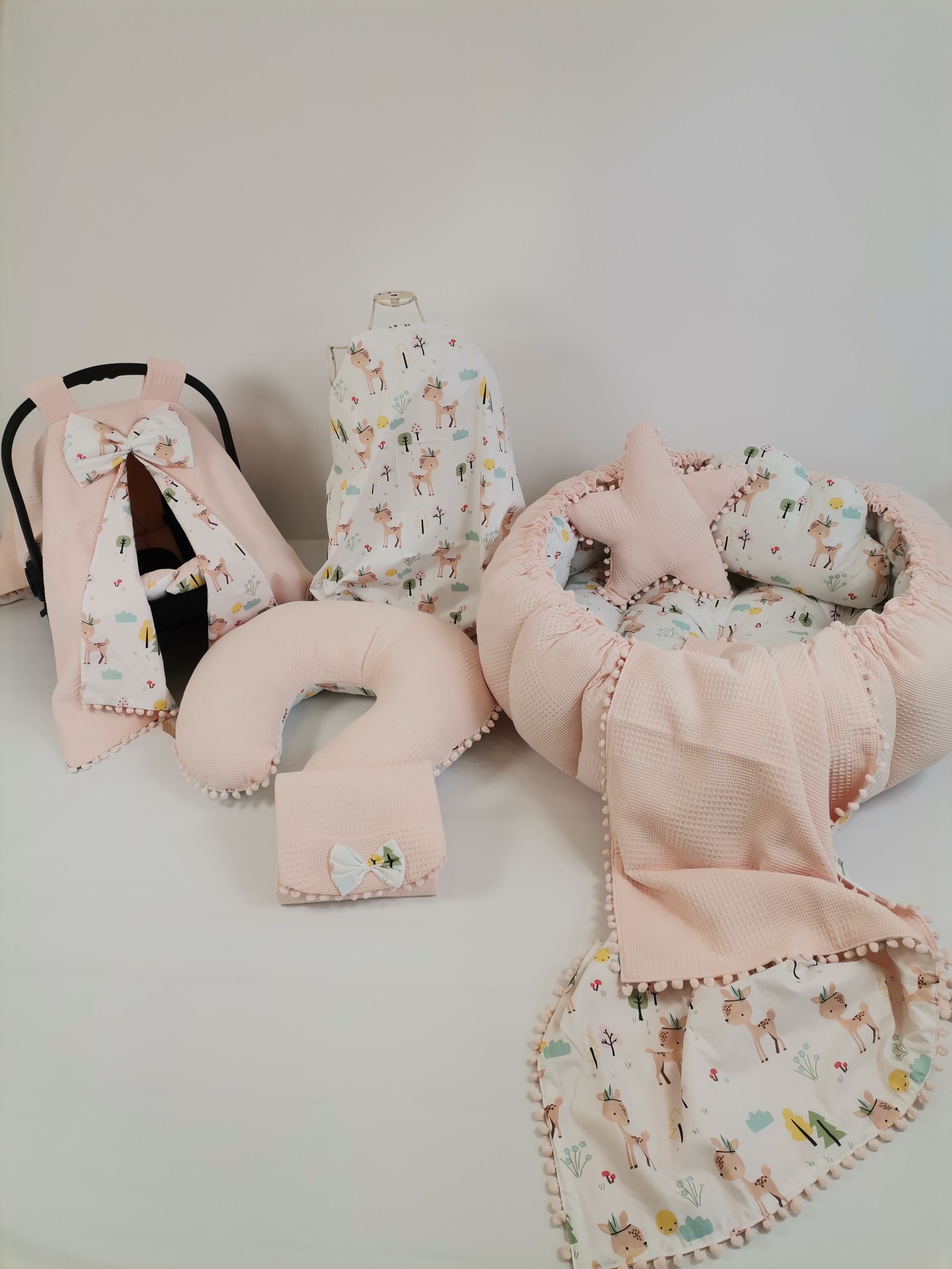 Yuvarlak babynest 9'lu set somon waffle pike - karacalı poplin