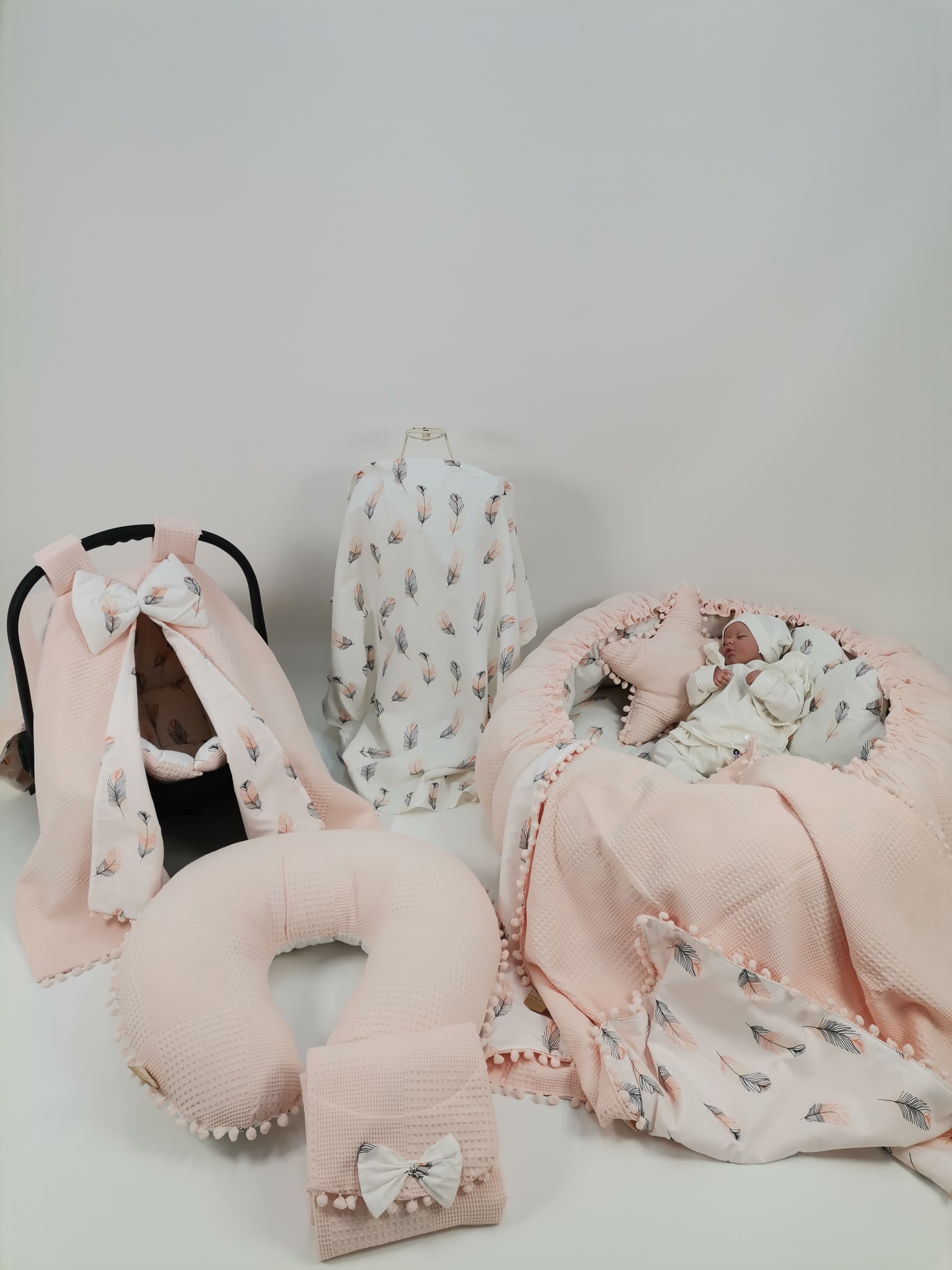 Yuvarlak babynest 9'lu set somon waffle pike - pembe tüylü poplin