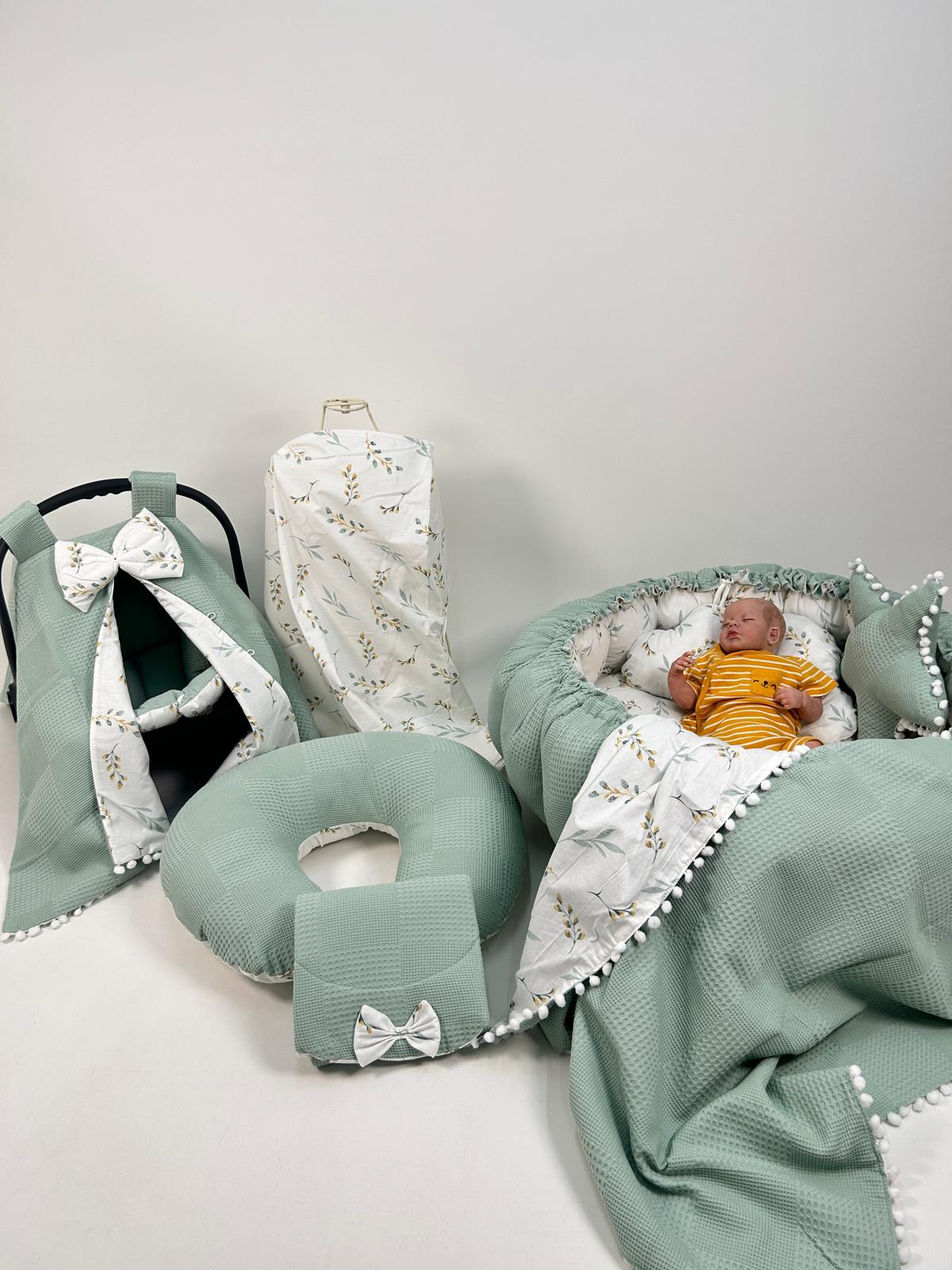 Yuvarlak babynest 9'lu set yeşil waffle pike - yeşil zeytindalı desenli poplin