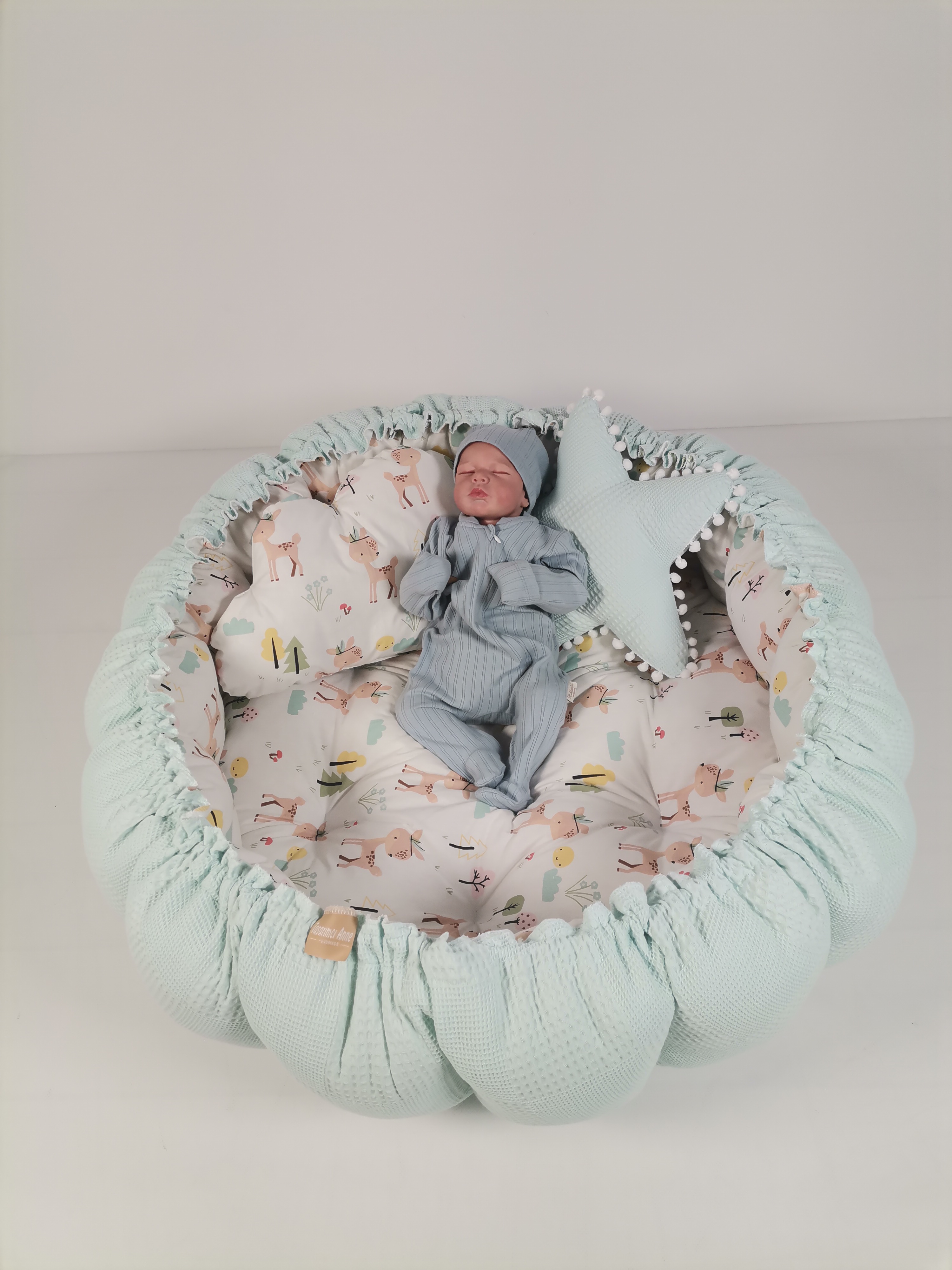 Yuvarlak babynest açık yeşil waffle pike - karacalı poplin