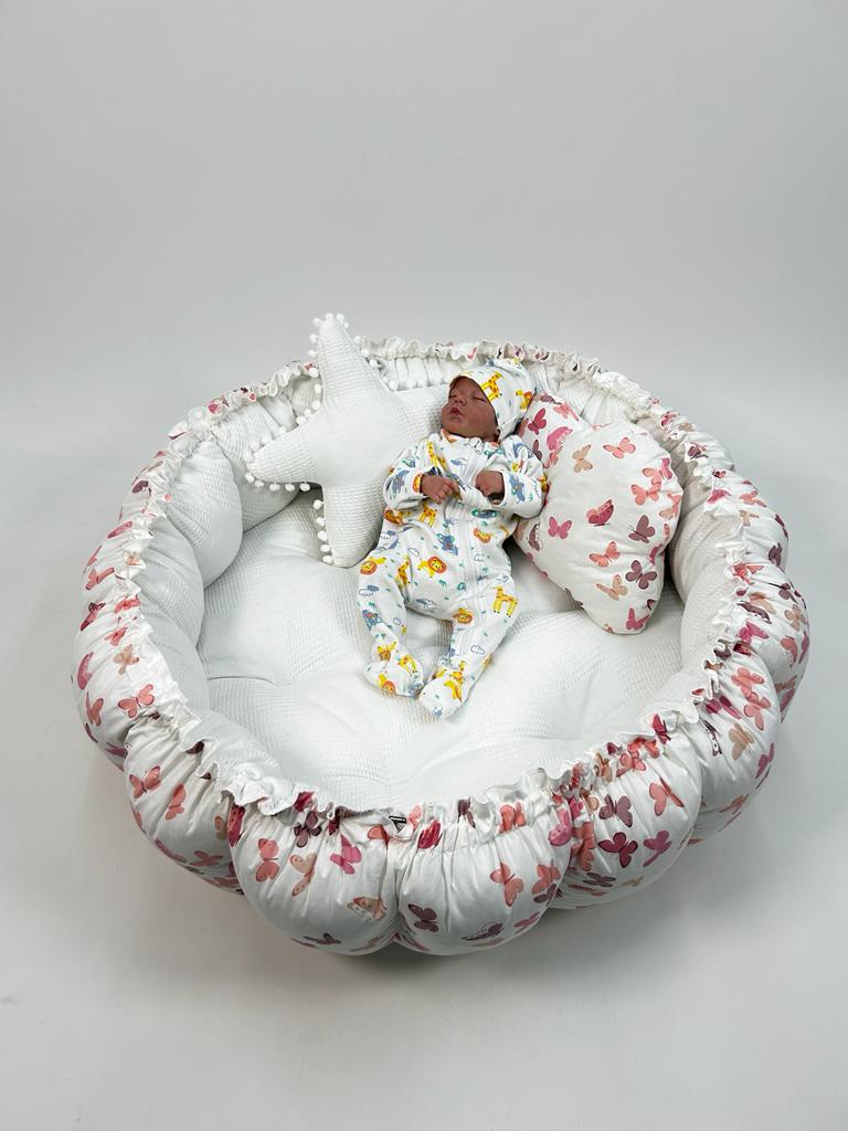 Yuvarlak babynest beyaz waffle pike - pudra kelebekli poplin