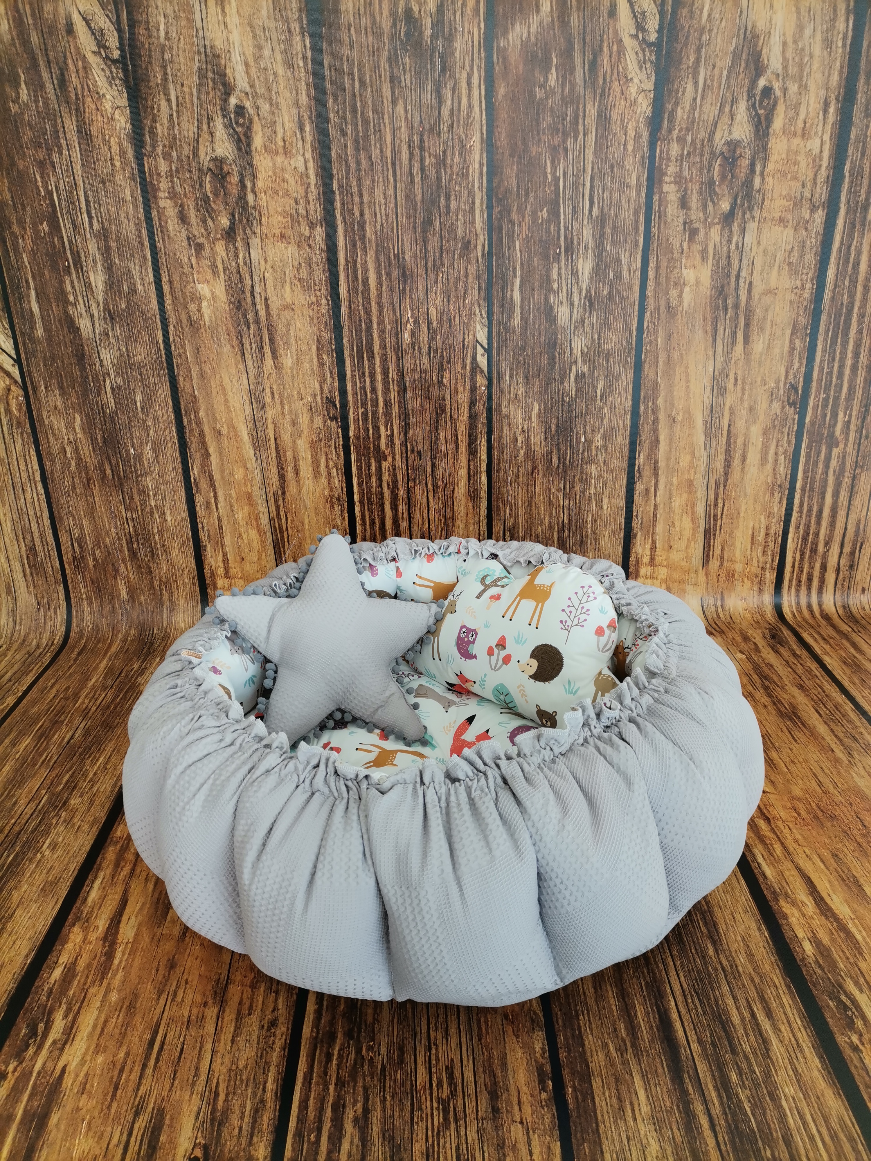 Yuvarlak babynest gri waffle pike - hayvan figürlü poplin