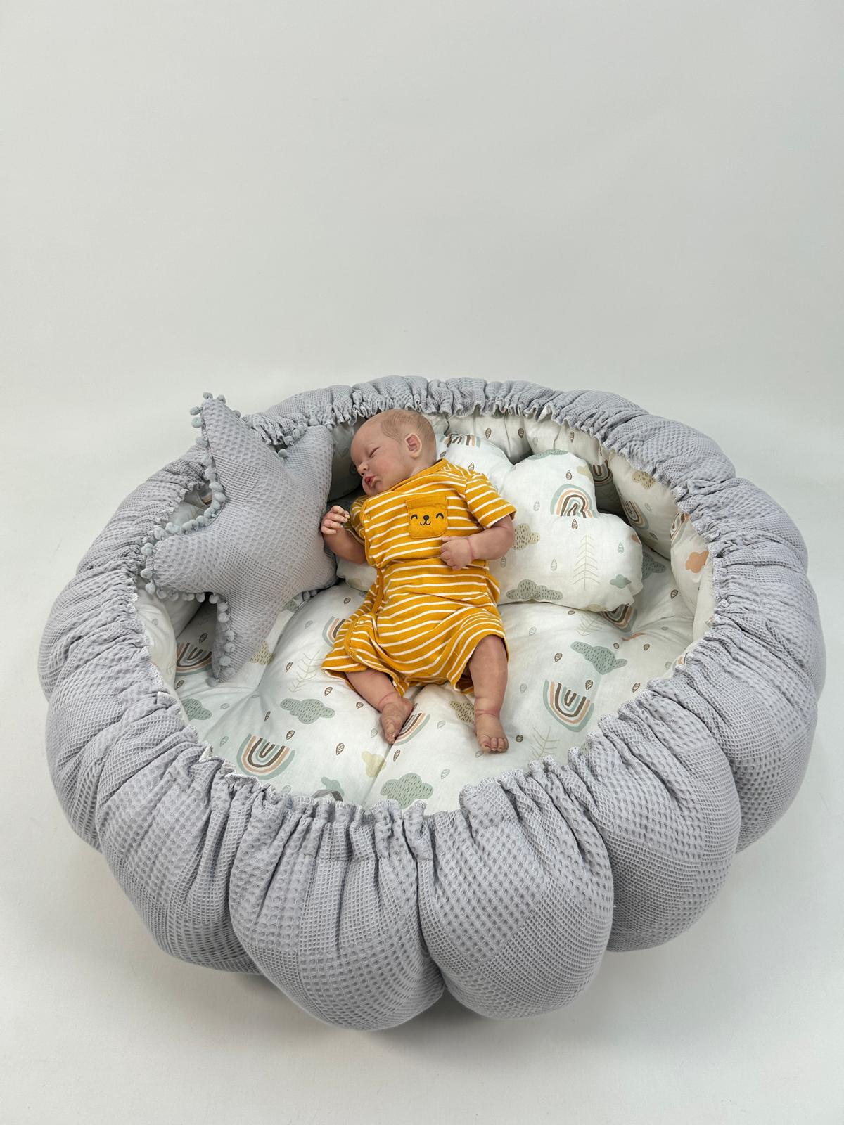 Yuvarlak babynest gri waffle pike - gökkuşaklı poplin