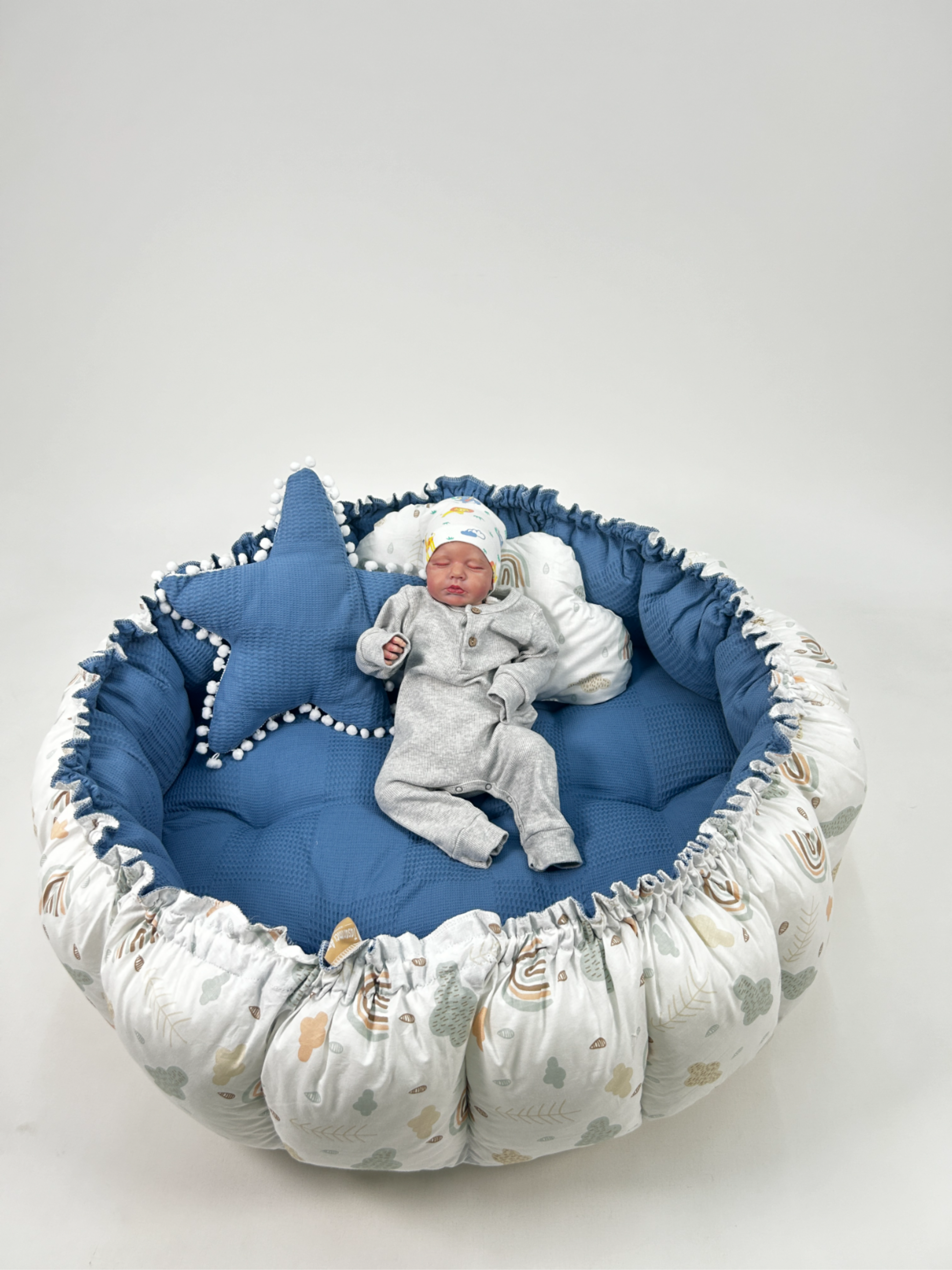 Yuvarlak babynest indigo mavi waffle pike - gökkuşaklı poplin