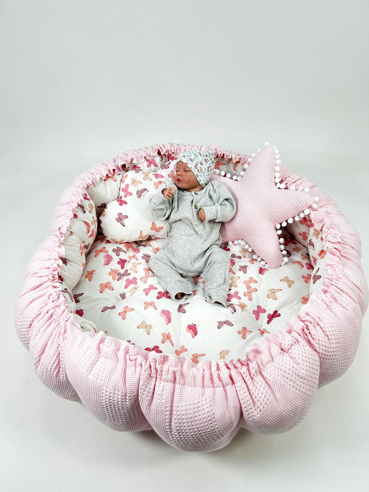 Yuvarlak babynest pembe waffle pike - pudra kelebekli poplin