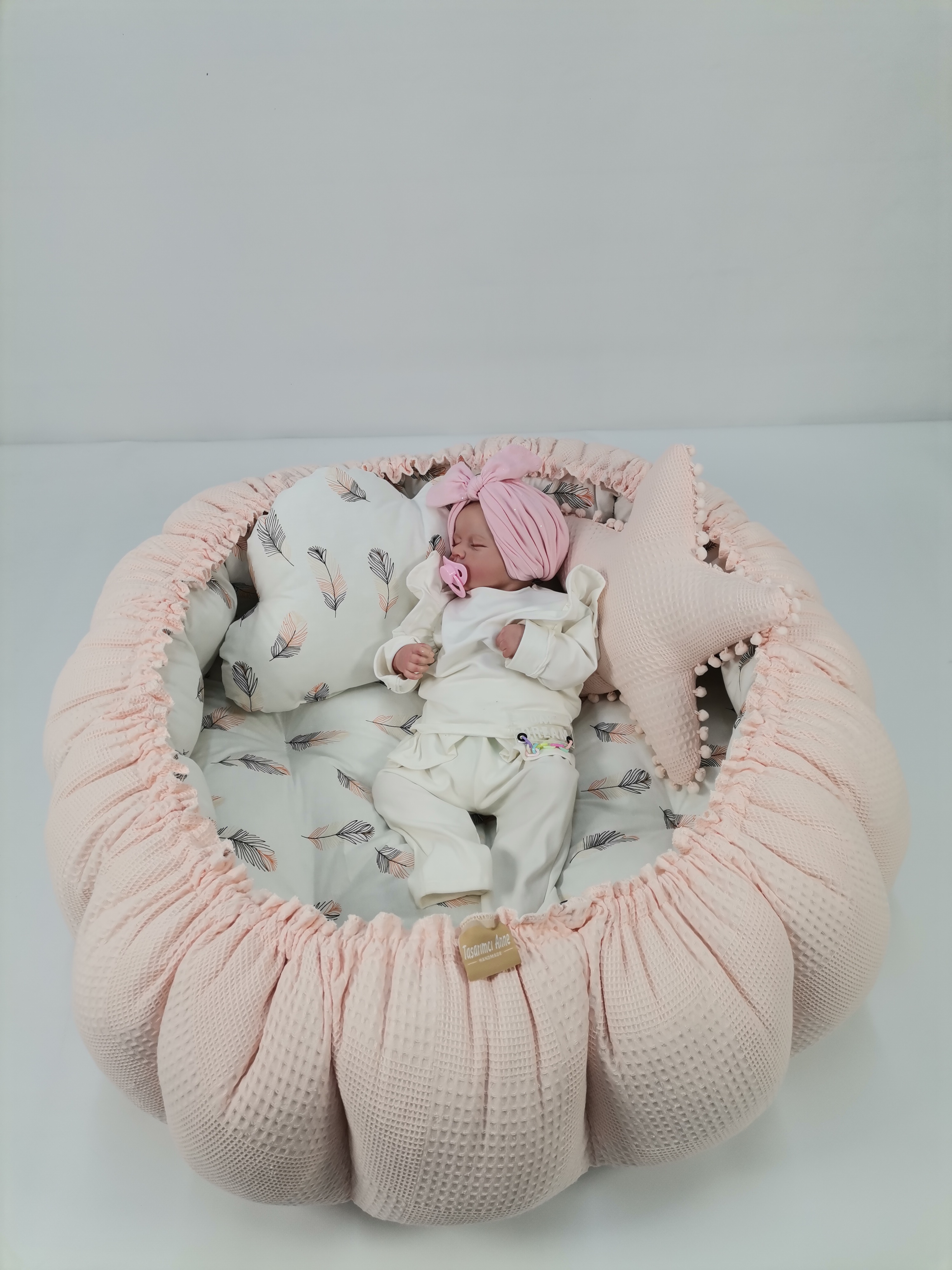 Yuvarlak babynest somon rengi waffle pike - pembe tüylü poplin