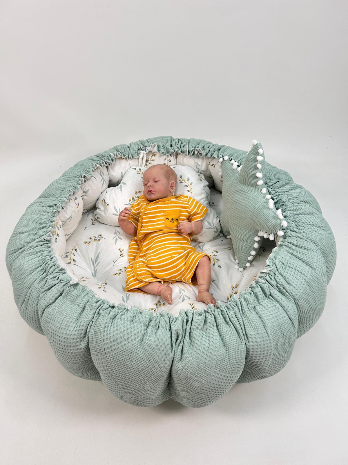 Yuvarlak babynest yeşil waffle pike  - yeşil zeytindalı desenli poplin