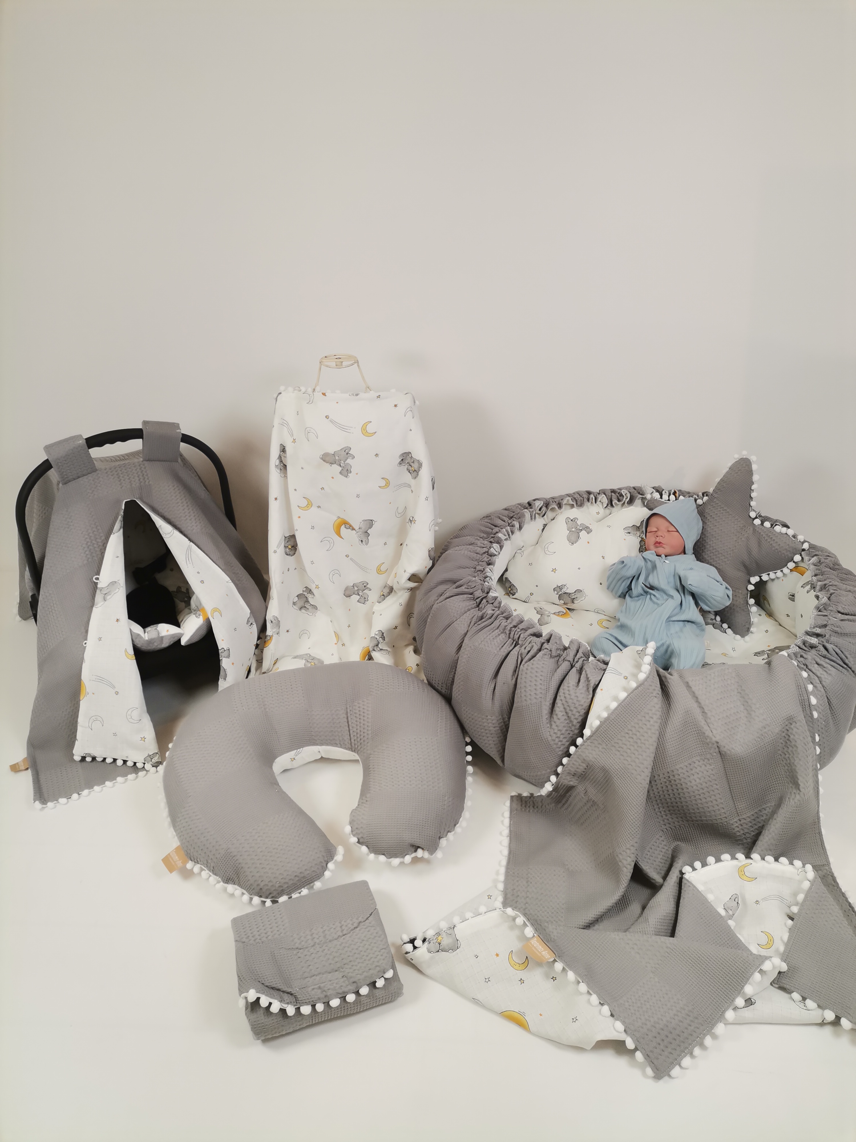 Yuvarlak babynestli 9'lu set koyu gri waffle pike - wella tavşanlı müslin