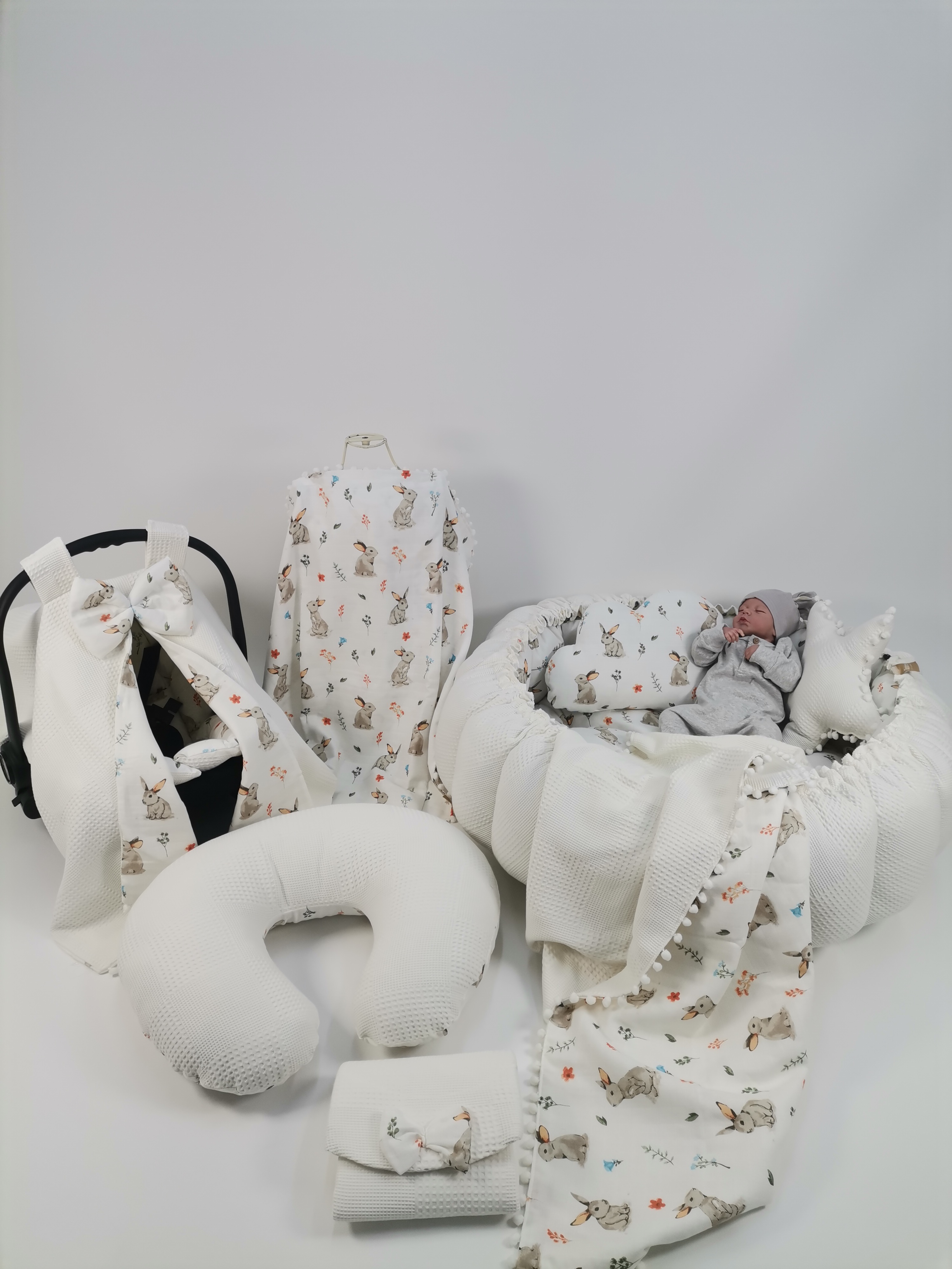 Yuvarlak babynestli 9'lu set krem waffle pike - tavşanlı müslin